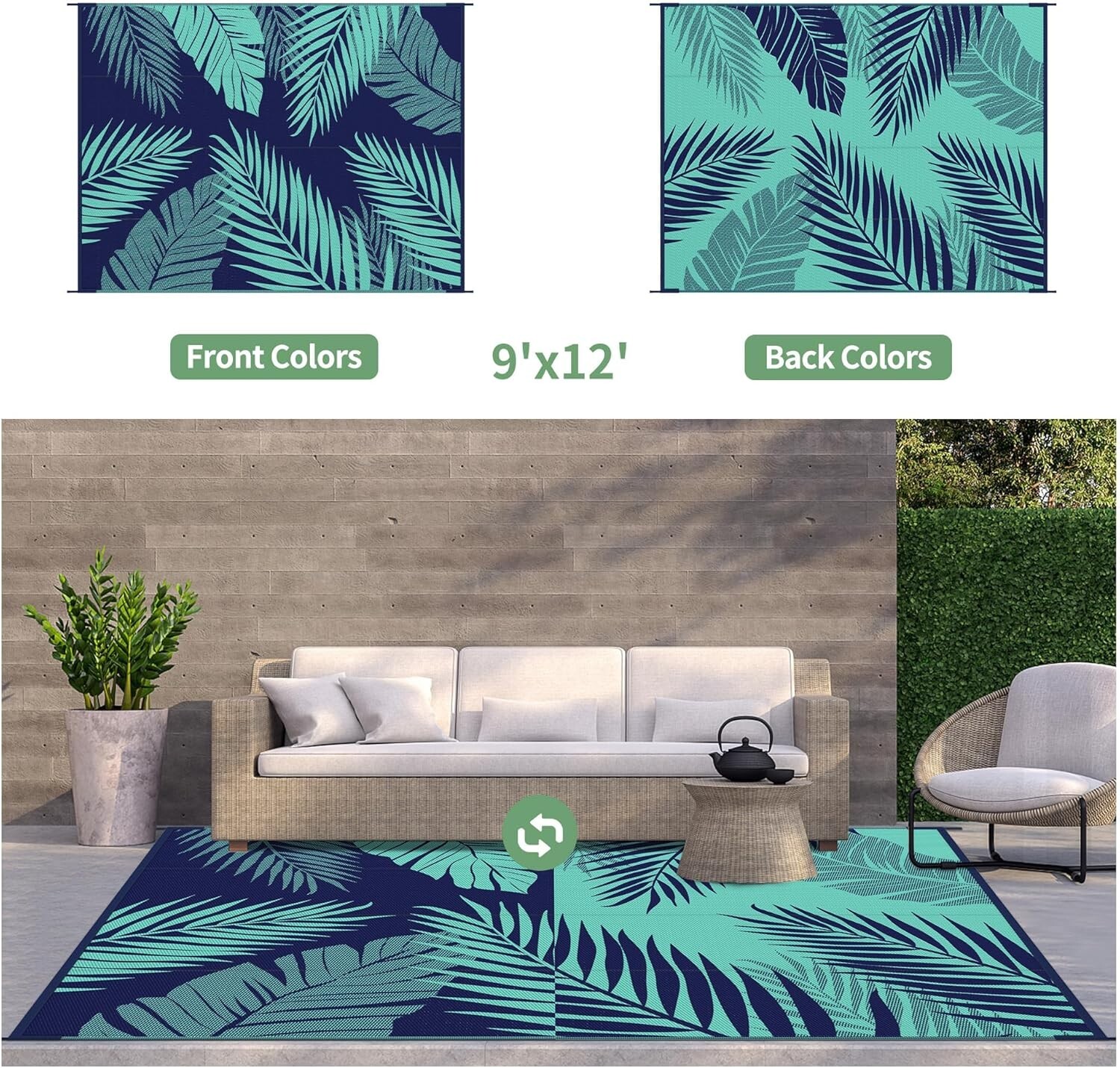 Reversible Navy Blue and Jade Green Weather Resistant Portable GENIMO Straw Rug