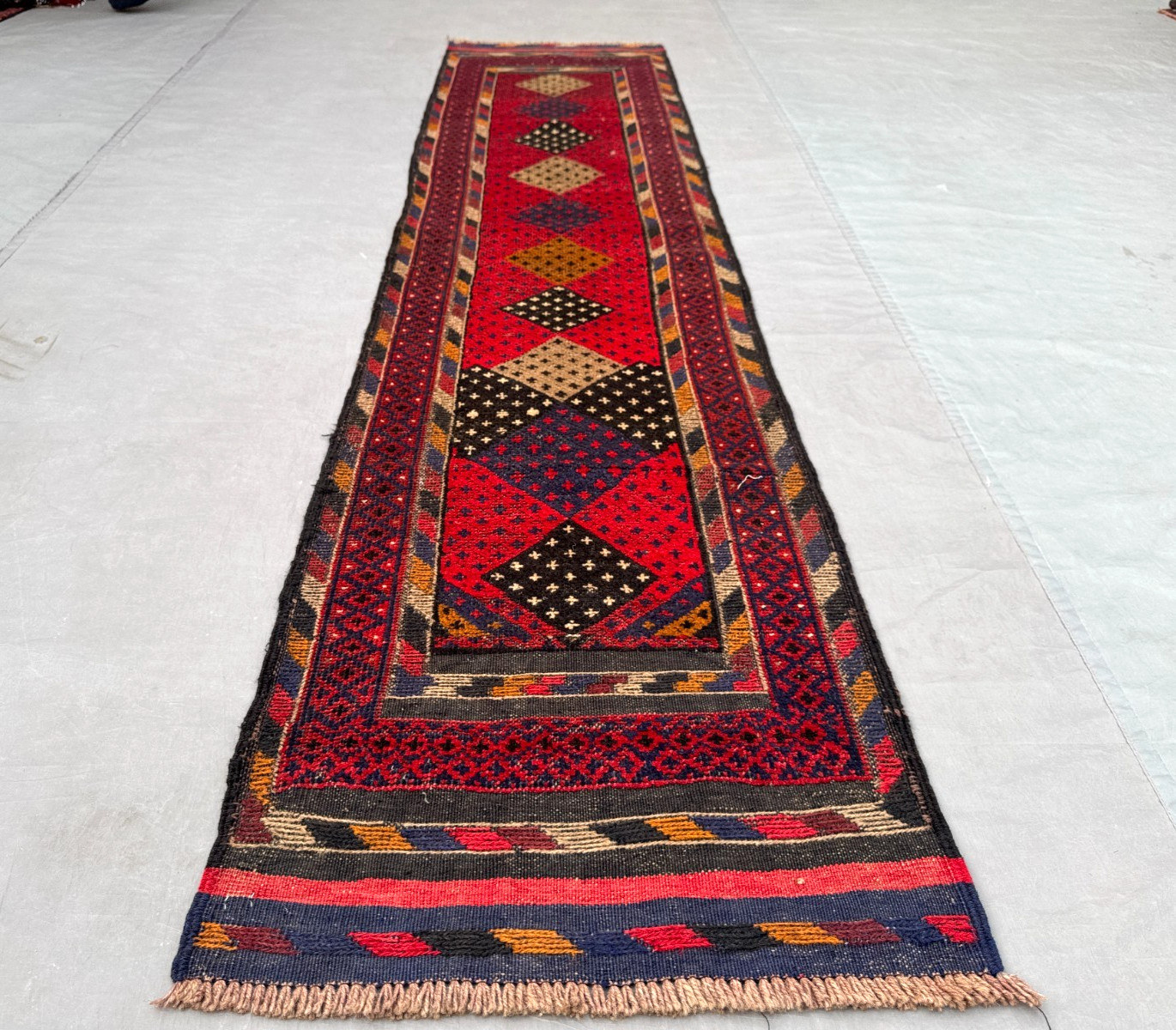 2 x 8’7 Ft Bold Mishwani Tribal Runner Rug- Vintage Afghan Geometric Wool Carpet