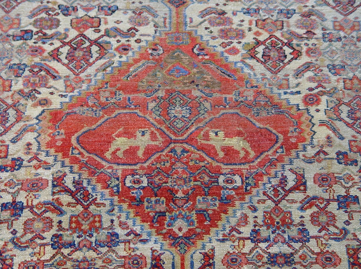 4’6″x6’6″ Antique 1850s Sennehh Lions Kurdish Hand Knotted Wool Oriental Rug