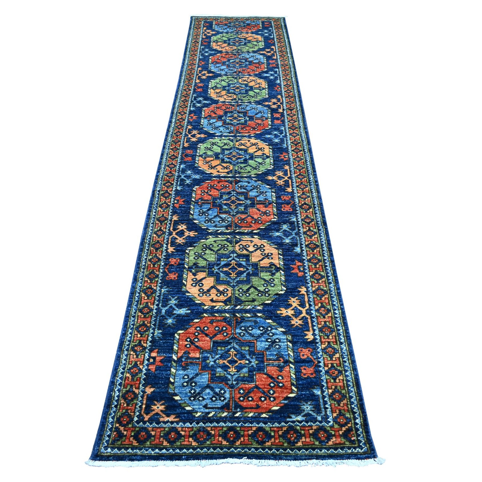 2’7″x12′ Blue Afghan Ersari Elephant Feet Design Hand Knotted Wool Runner Rug