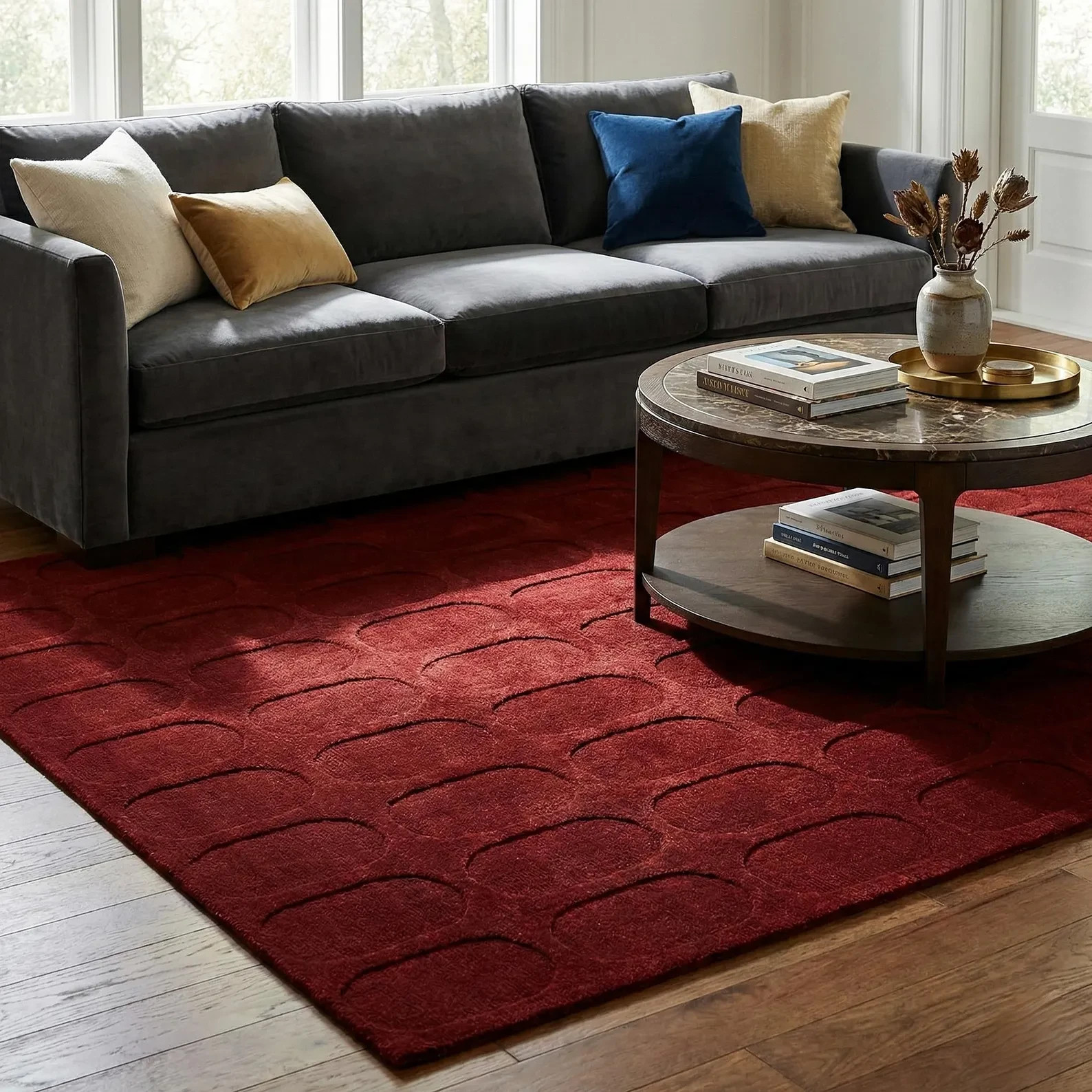 Modern Deep Red Sculpted Geometric Area Rug High-Low Pile Textured Burgundy Rug