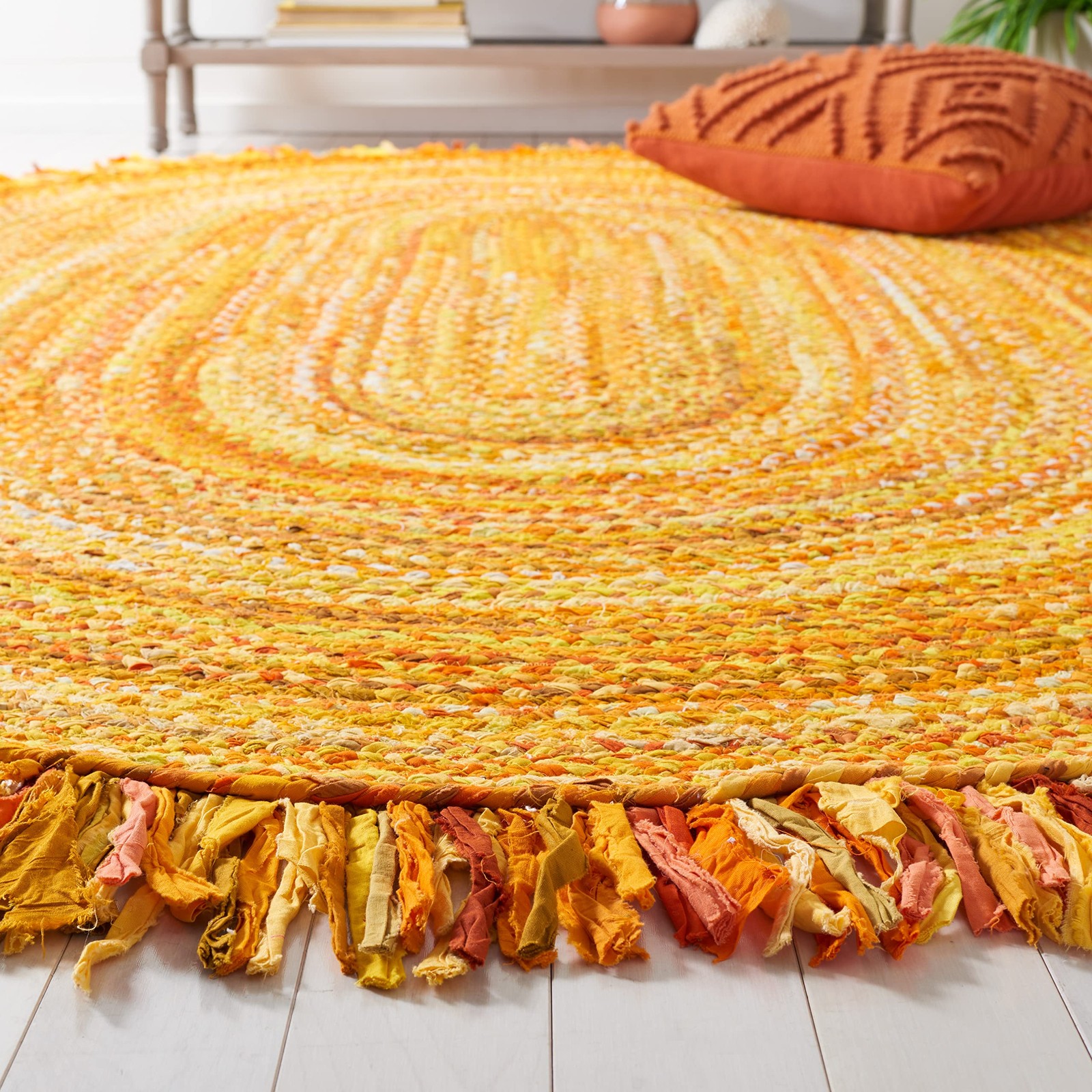 Braided Collection Area Rug – 4′ x 6′ Oval, Gold, Handmade Boho Fringe Revers…