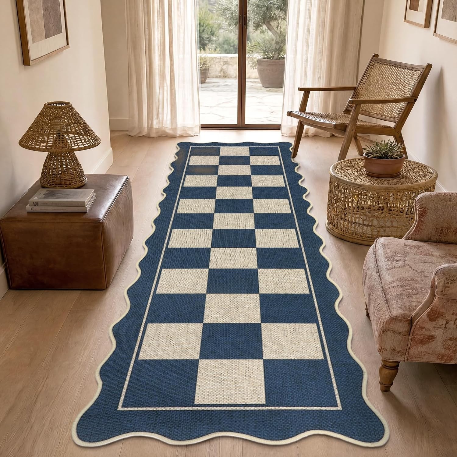 Scalloped Checkerboard Coffee Jute 2×6 in Runner Rug Washable Living Room Patio