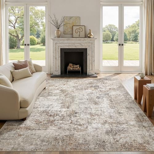 7×9 Area Rugs for Living Room: Washable Large Neutral Abstract Rug Soft Non