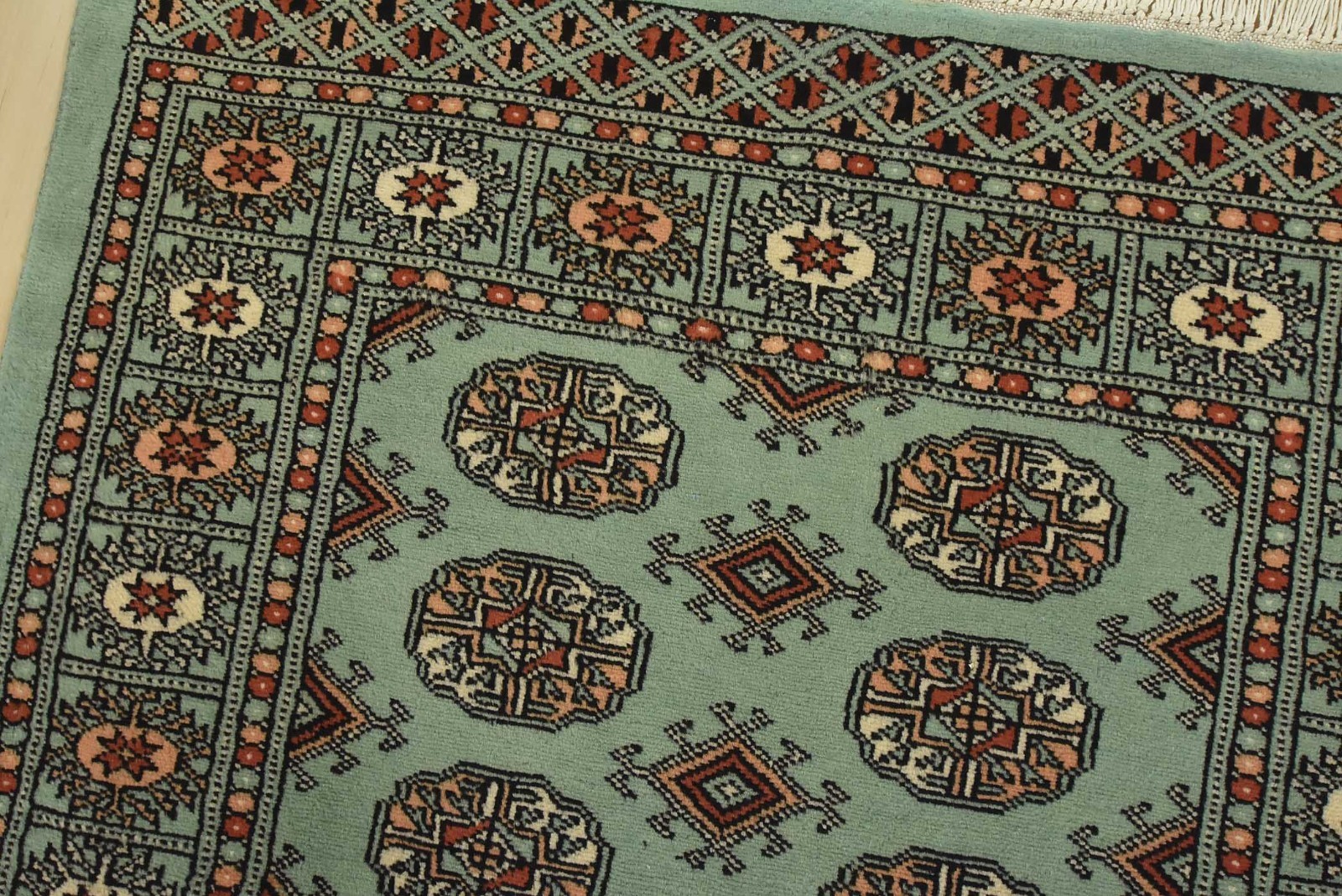 Bokhara Rug 3’2” x 5’2” Green Wool Tribal Hand-Knotted Oriental Carpet