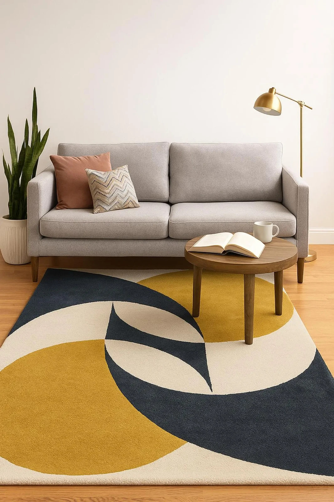 Hand-Tufted Wool Area Rug – Navy, Mustard Geometric, Modern Abstract Design Rug.