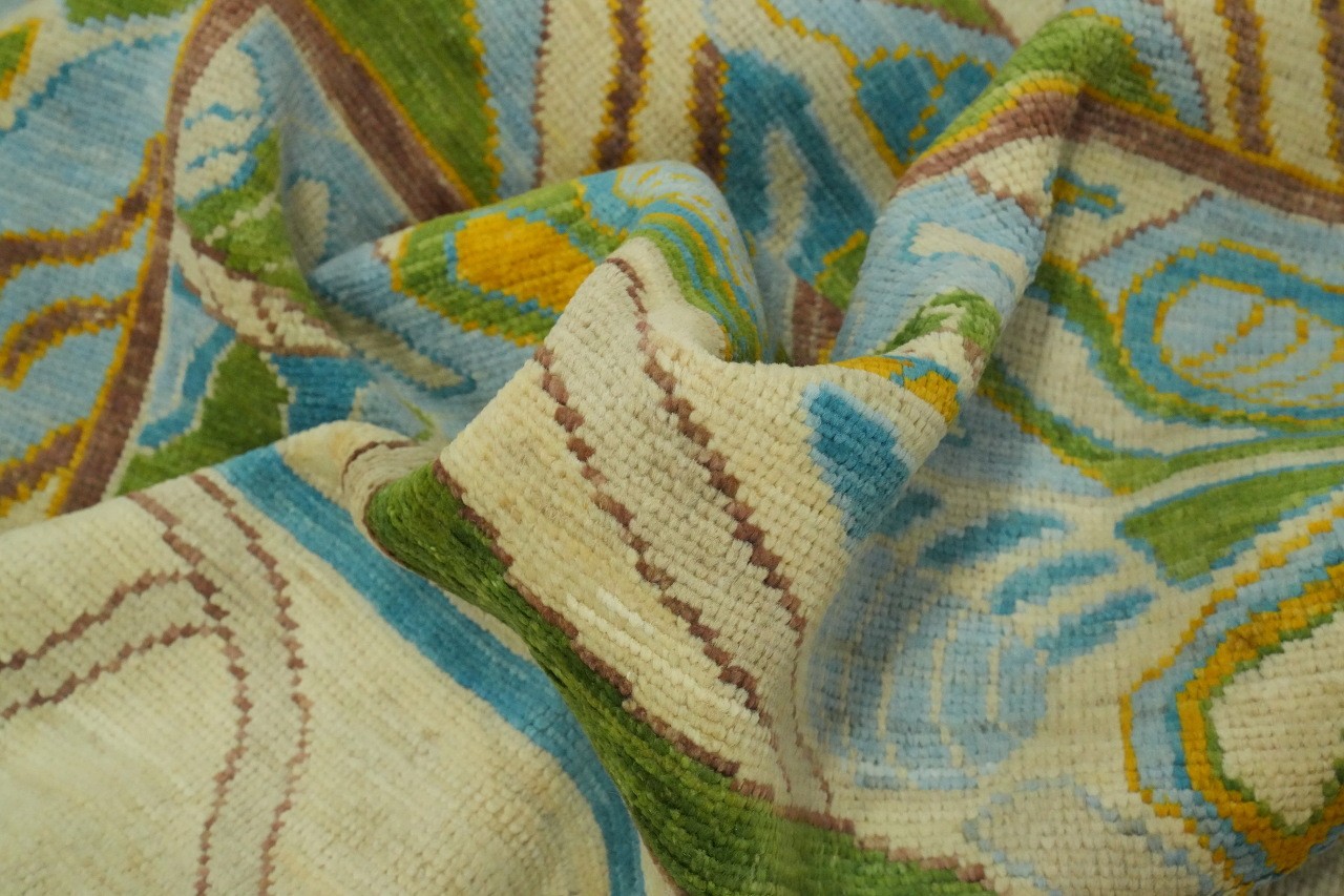 Oushak Hues of Green & Blue 9×12 Large Area Rug Geometric Wool Hand-Knotted