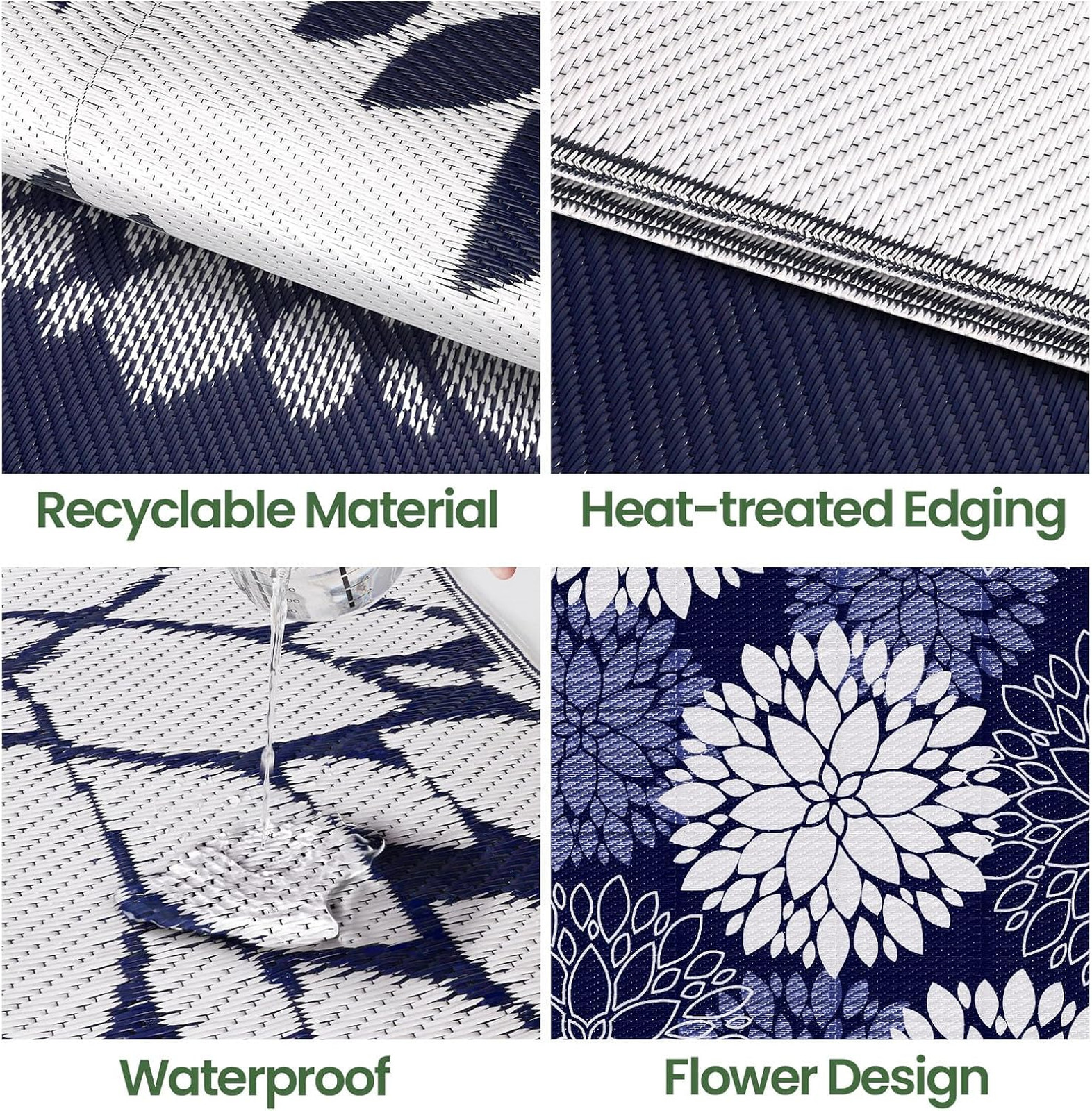Outdoor Rug Waterproof Reversible Plastic Straw Rug 5×8 Blue for Patio Deck