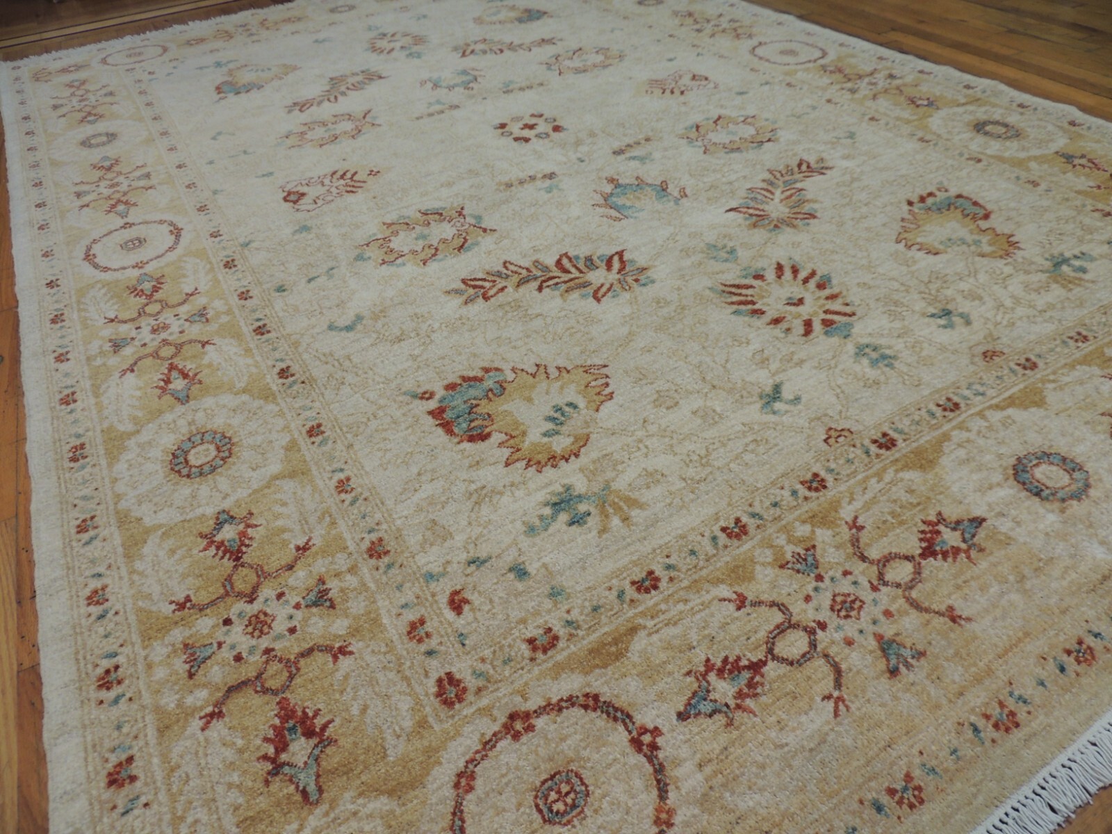 6×9 Pakistani Peshawar Vintage look rug Vegetable Dye Beige Rust Teal Blue Gold