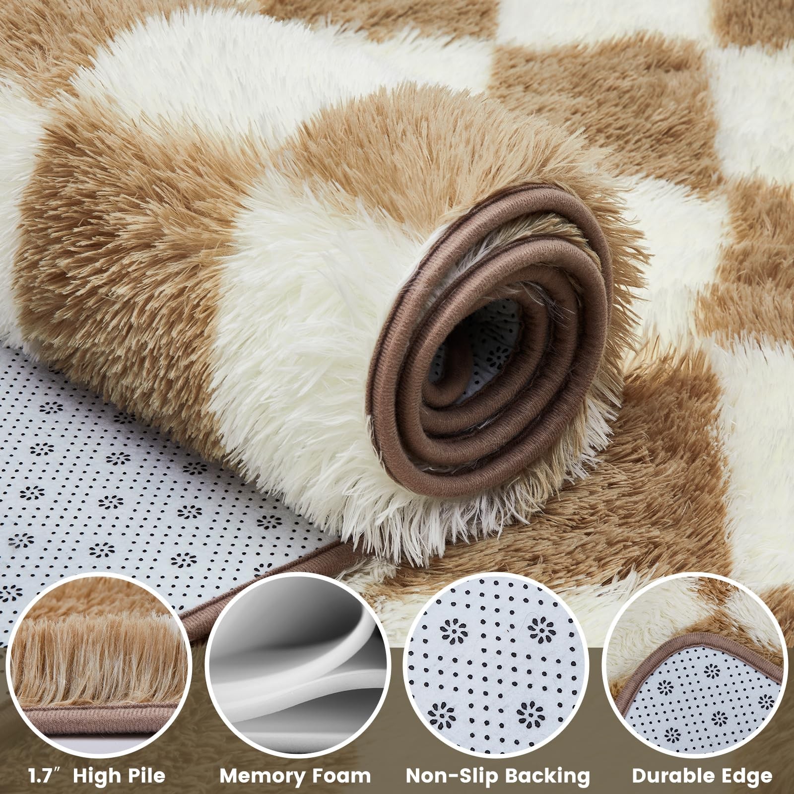 Soft Rugs for Living Room, 5×7 Ft Beige and White Checkered Fluffy Shaggy Rug…