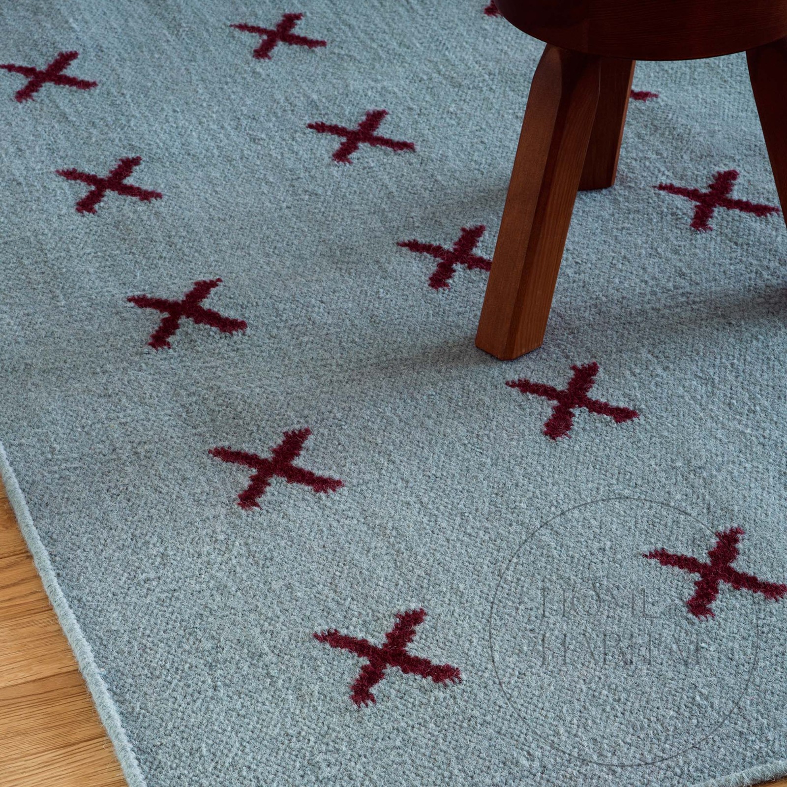 Handwoven Blue Burgundy Wool Area Rug, Cross Pattern, Nordic Design 2×3 Area Rug
