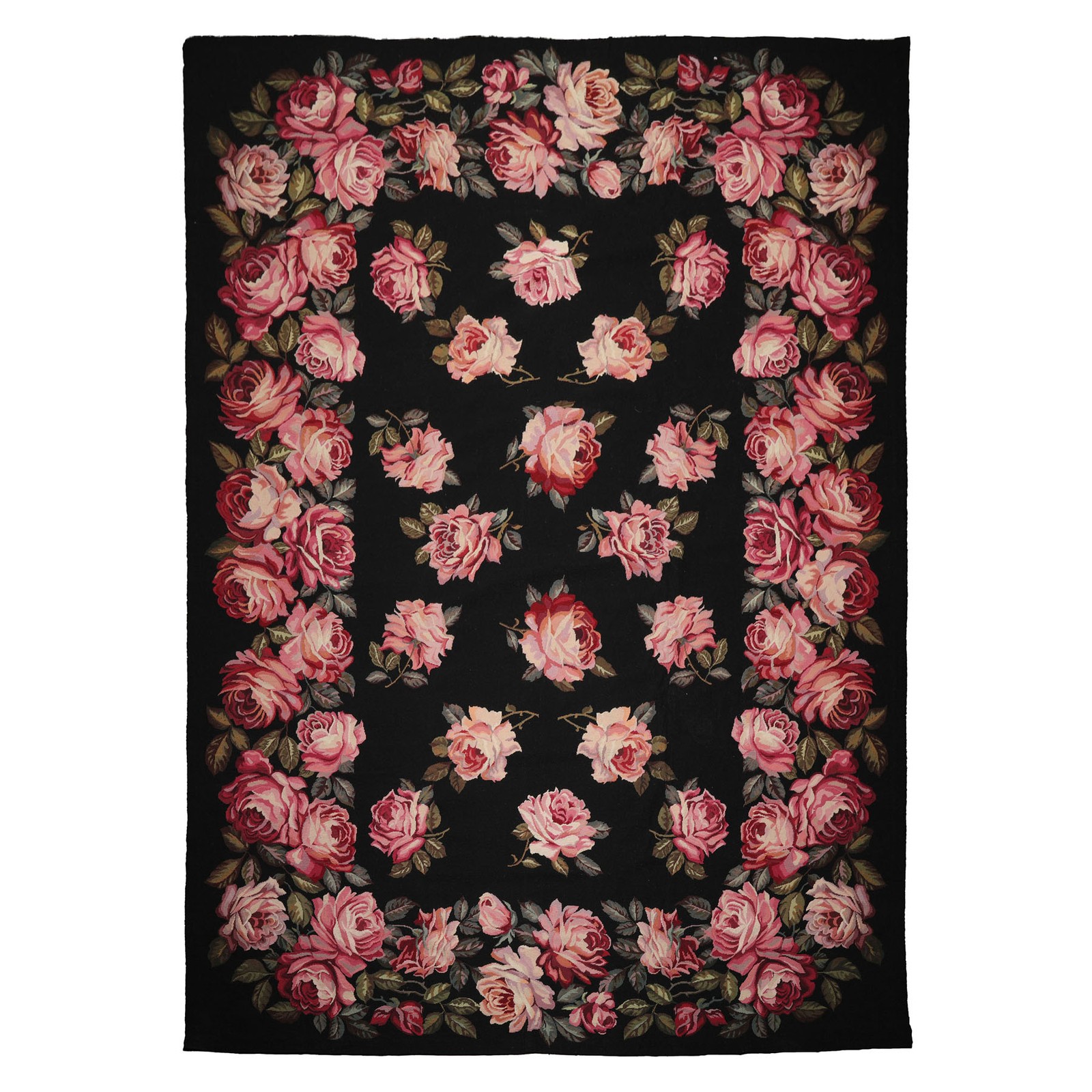 9′ x 12’6″ Black Hand Woven French Aubusson Needlepoint Floral Wool Area Rug