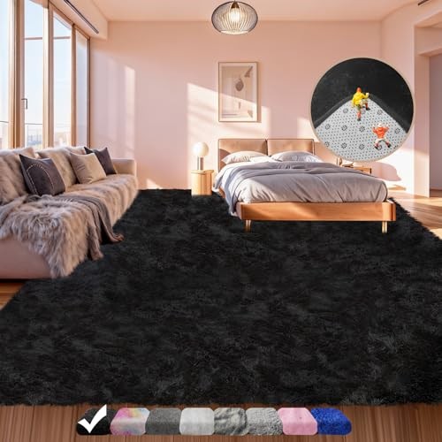 Large Shag Area Rugs 5×7 for Living Room, Ultra Soft Fluffy Black Rugs for