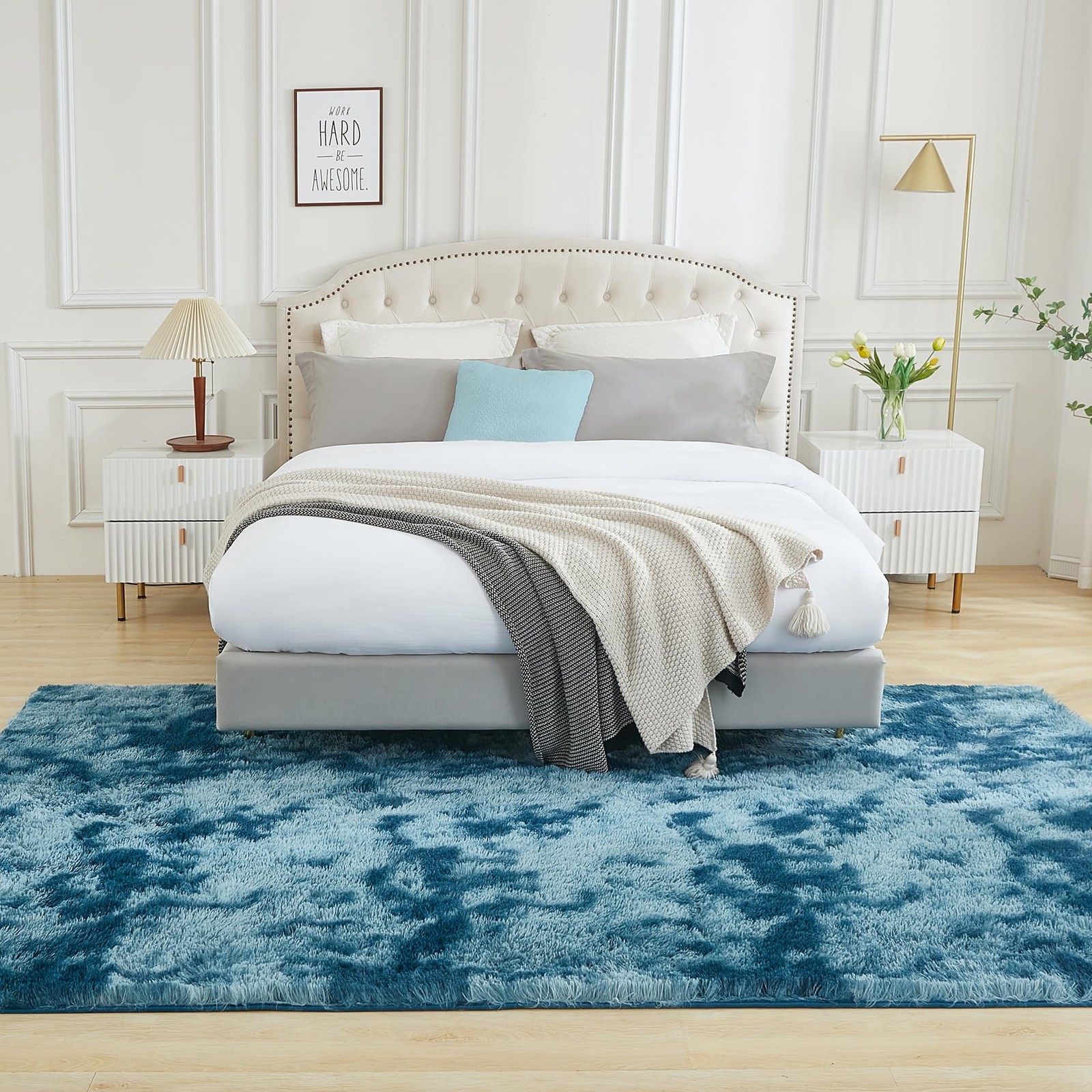 Andency 8×10 Area Rug Tie-Dyed Navy Blue Non-Slip Fluffy Soft Shag Carpet