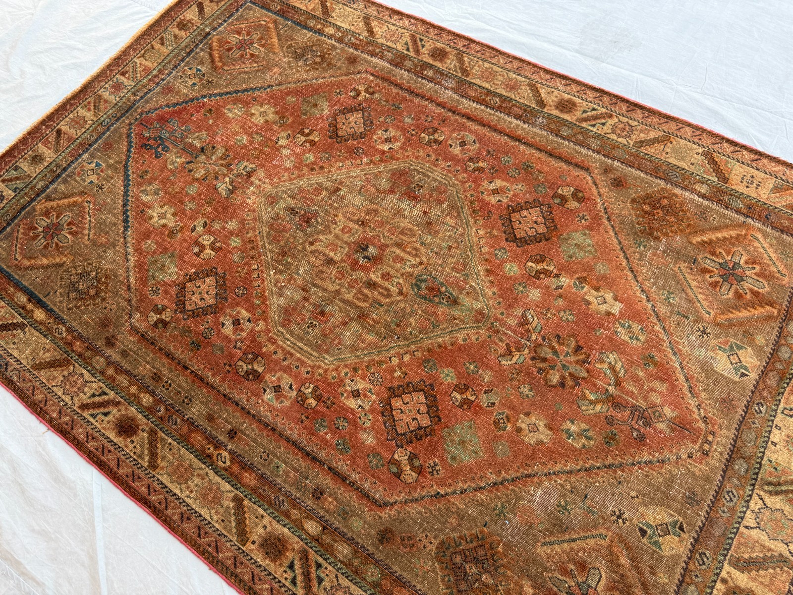 5×7 Distressed Caucasian Area Rug Handmade Wool Terracotta Tribal Floral Carpet