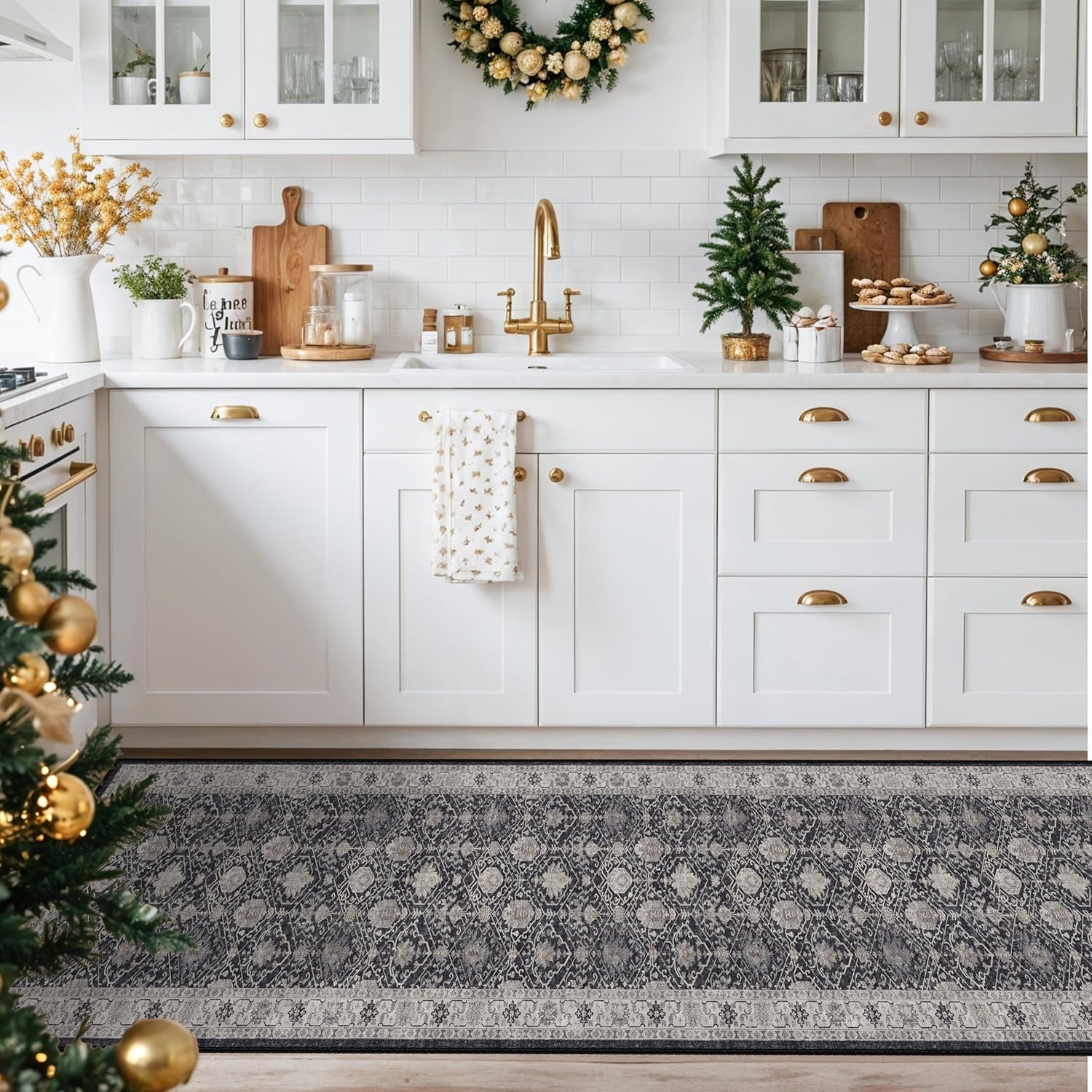 Black Vintage Non-Slip Runner Rug 2×10 – Soft Washable Farmhouse Accent