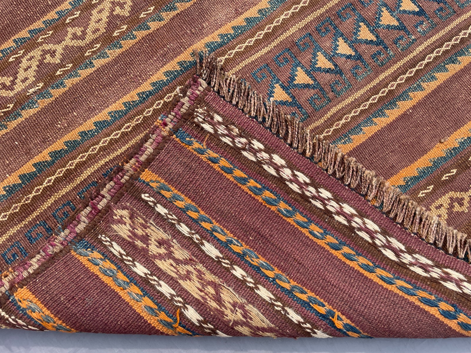 2×2 Earthy Striped Kilim Handwoven Wool Flatweave Carpet Tribal Greek Key Border