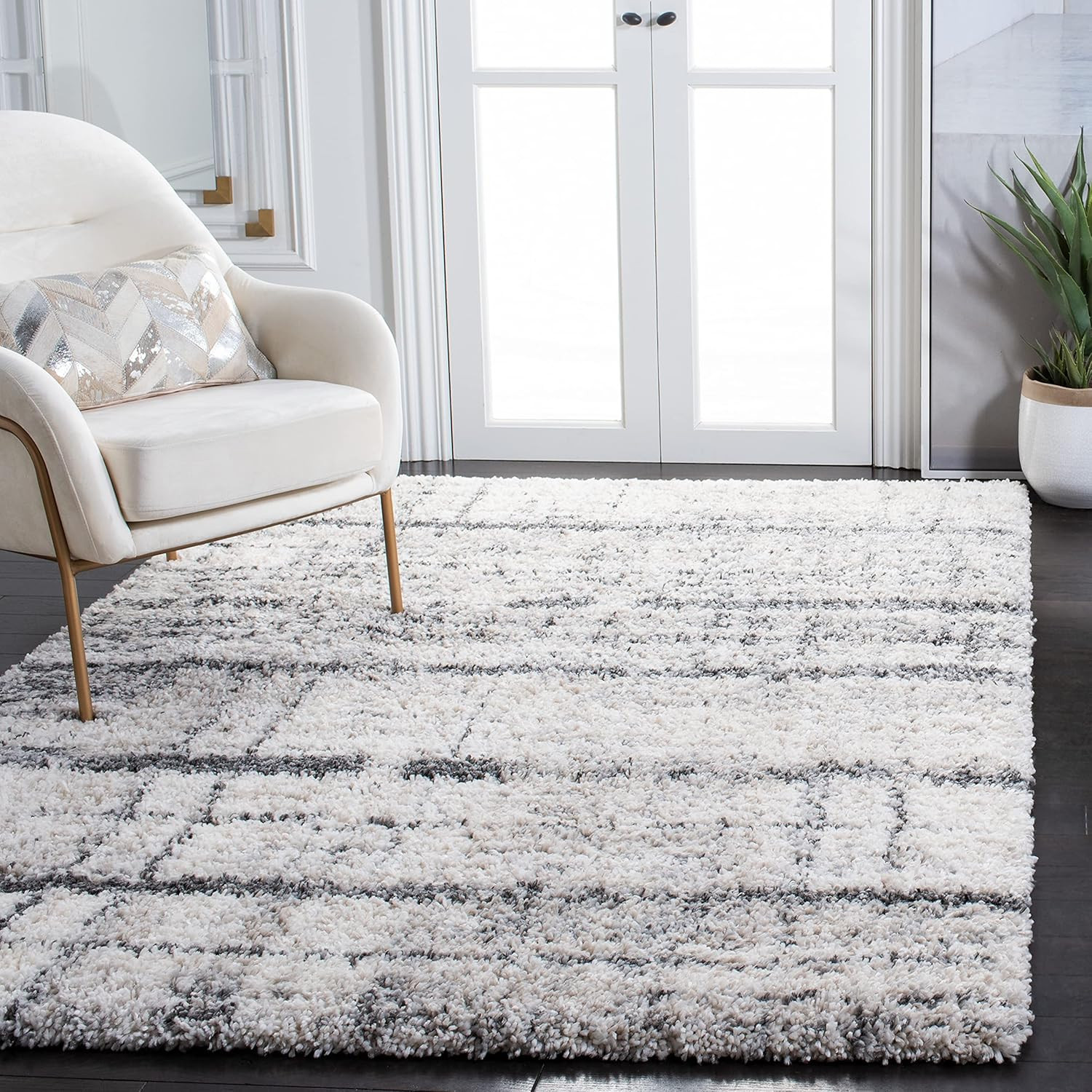 Fontana Shag Area Rug 6’7″ x 9′ – Ivory & Grey, Modern, Non-Shedding, Easy Care