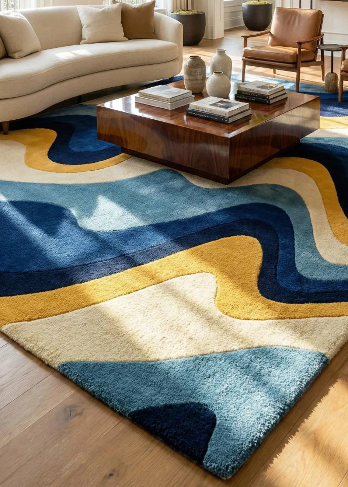 Abstract Hand Tufted Wool Rug | Blue & Mustard Modern Area Rug | Luxury Room Rug