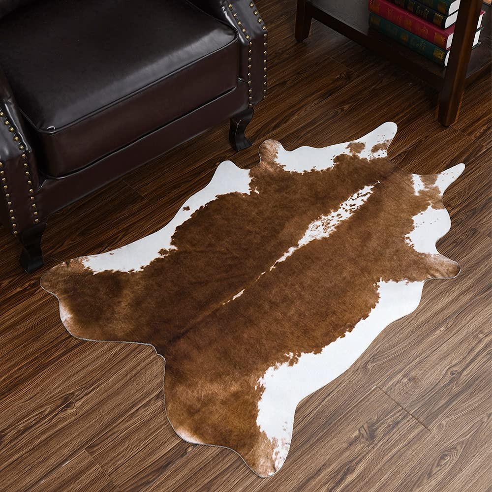 Faux Cowhide Rug Small Cow Print 43×27″ Khaki Brown Non Slip Washable Western