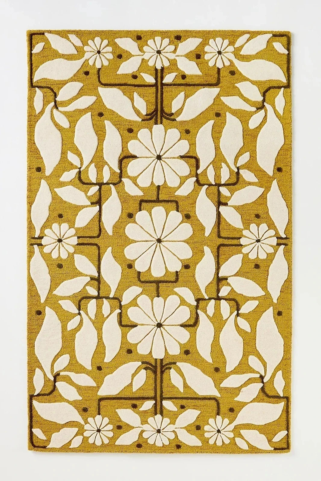 Hand Tufted Wool Floral Area Rug Mustard Yellow White Modern Botanical Carpet