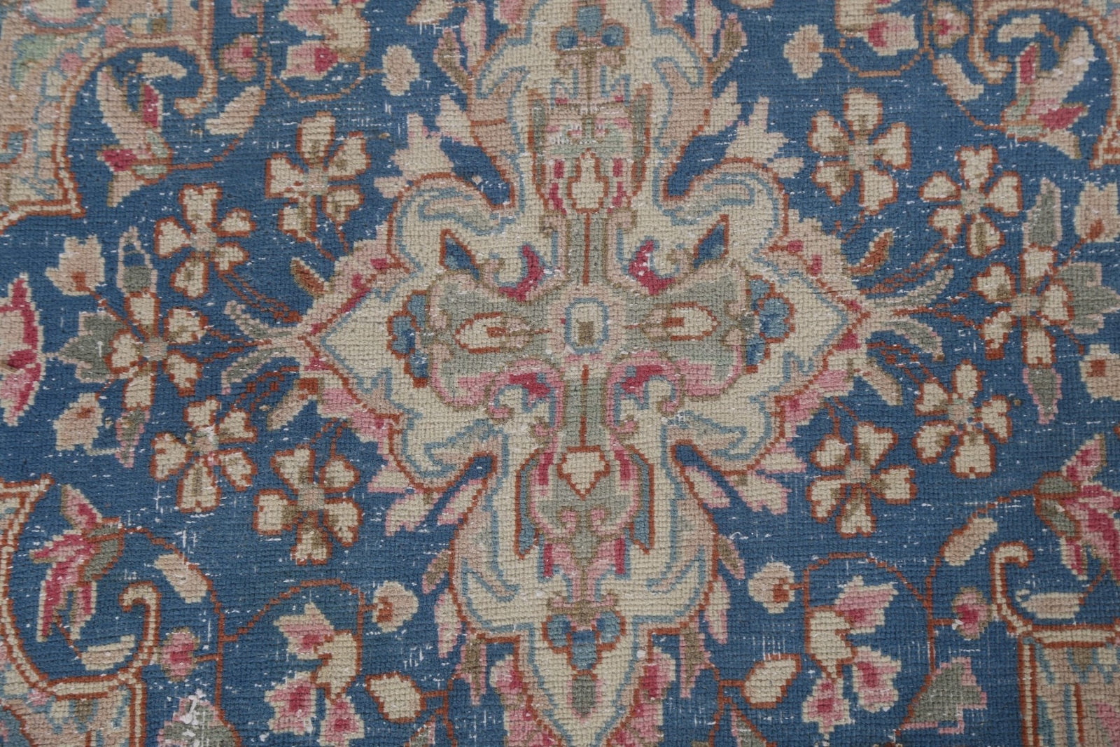 Vintage Ivory/ Blue Wool Medallion Kirman Traditional Handmade Area Rug 10×14