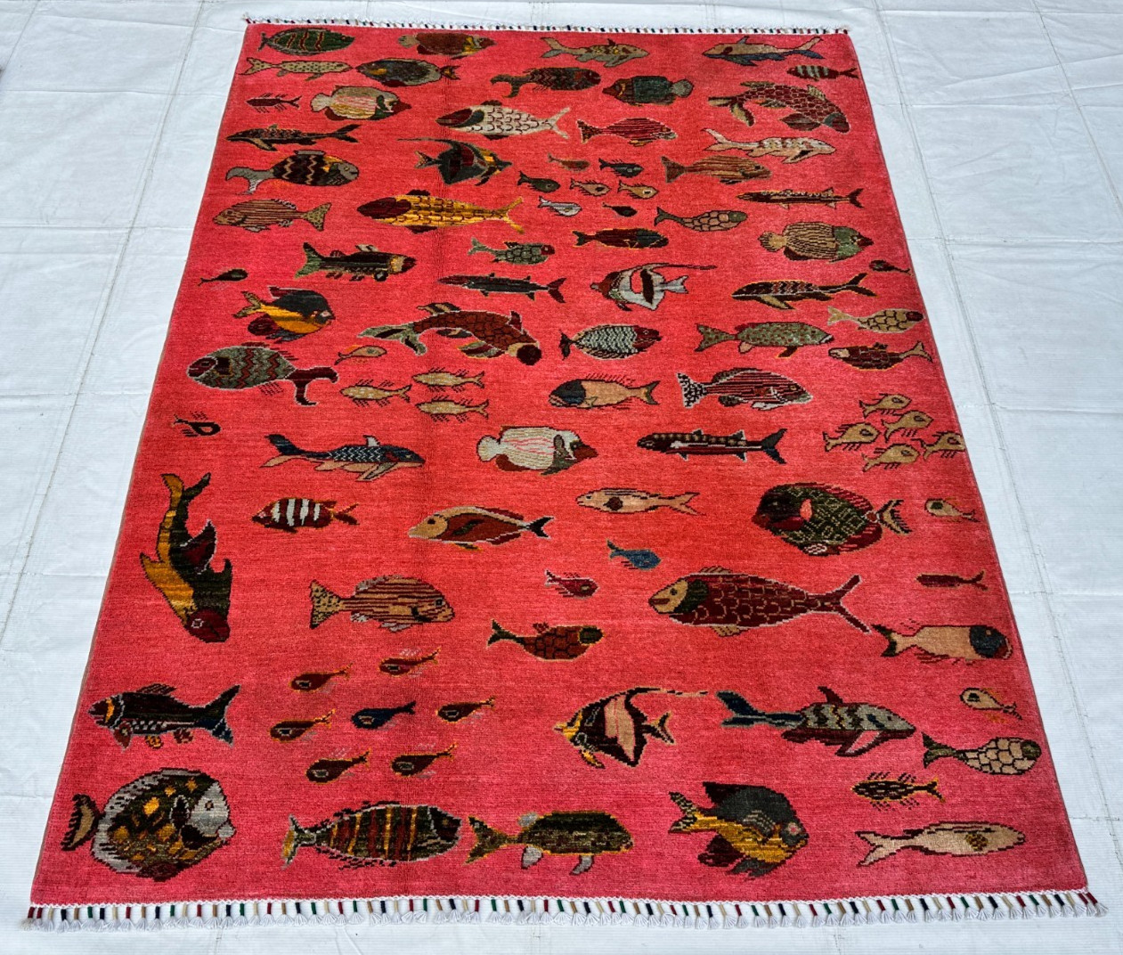 4.9×6.5 Afghan Pictorial Fish Rug Red Handmade Wool Whimsical Area Carpet New