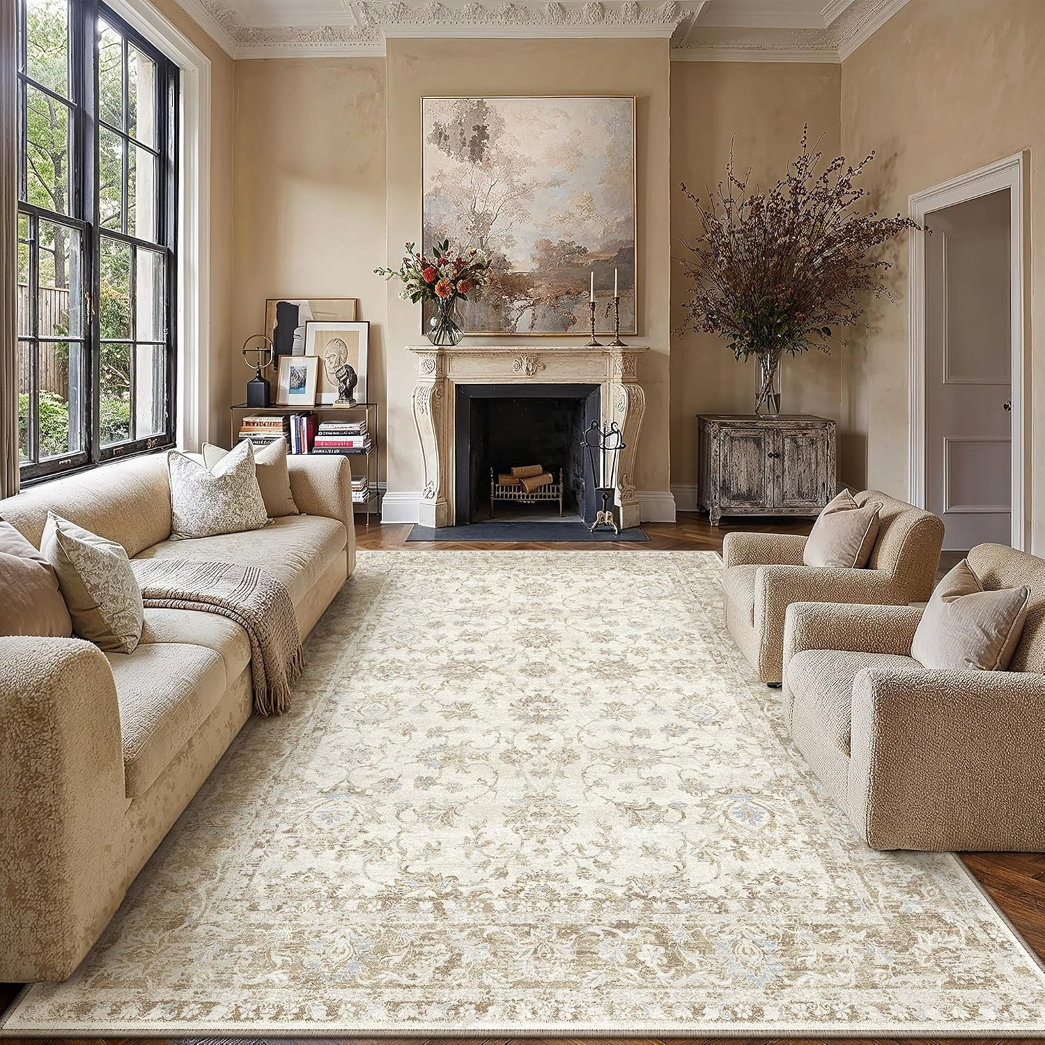 8X10 Beige Neutral Floral Living Room Area Rug | Washable, Soft, Non Slip, Low P