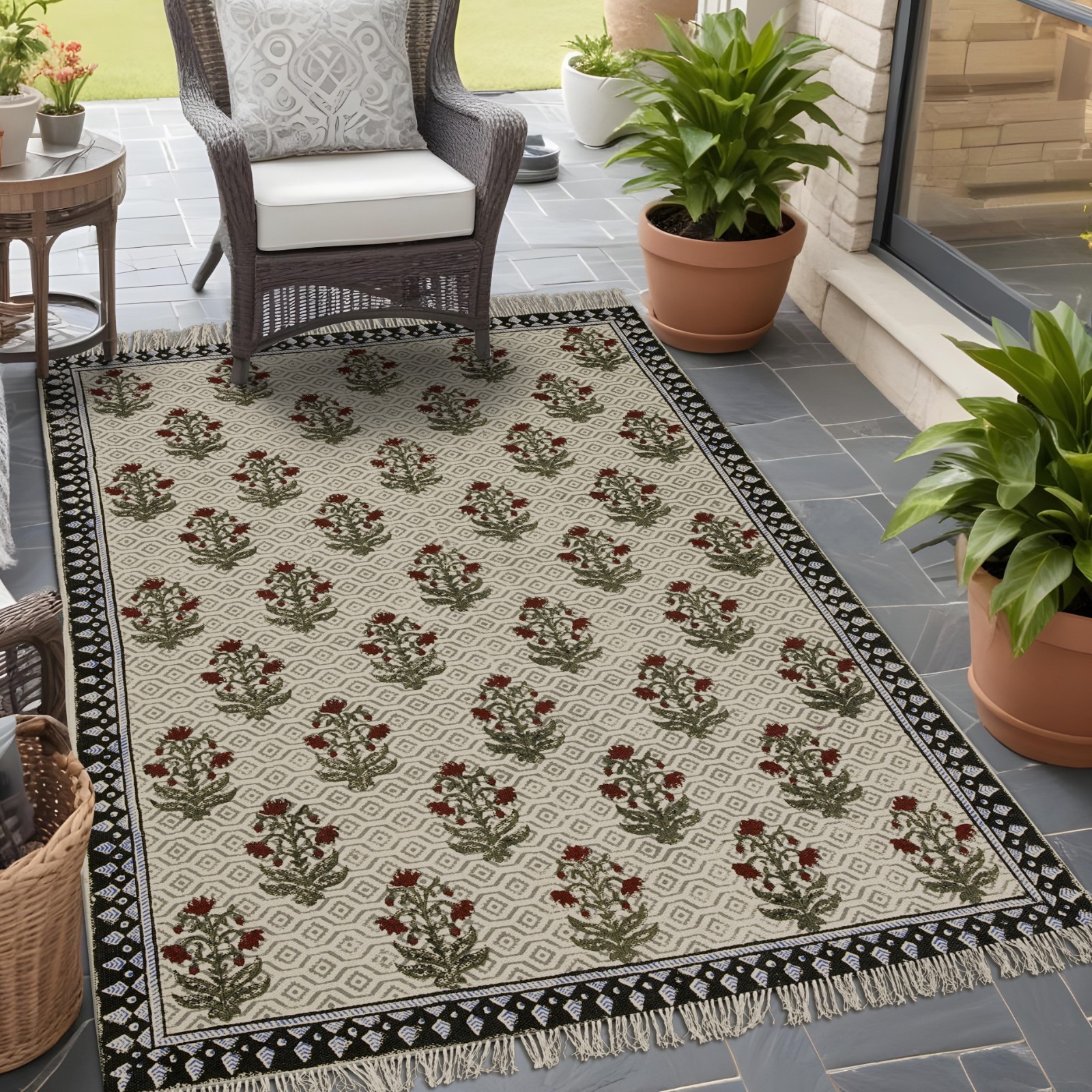 Hand Block Printed Floral Cotton Area Rug 4×6 Boho Farmhouse Fringe Carpet Rug