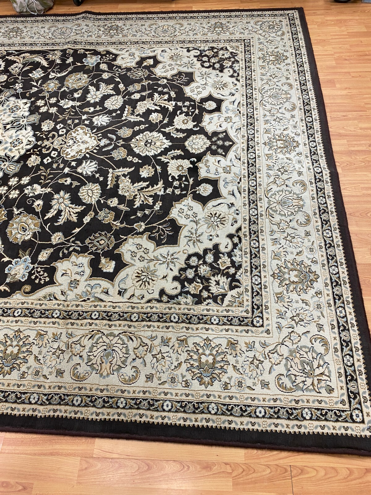 7’9″ x 11’5″ Turkish Tab riz Oriental Rug – Dark Brown – Cream Border