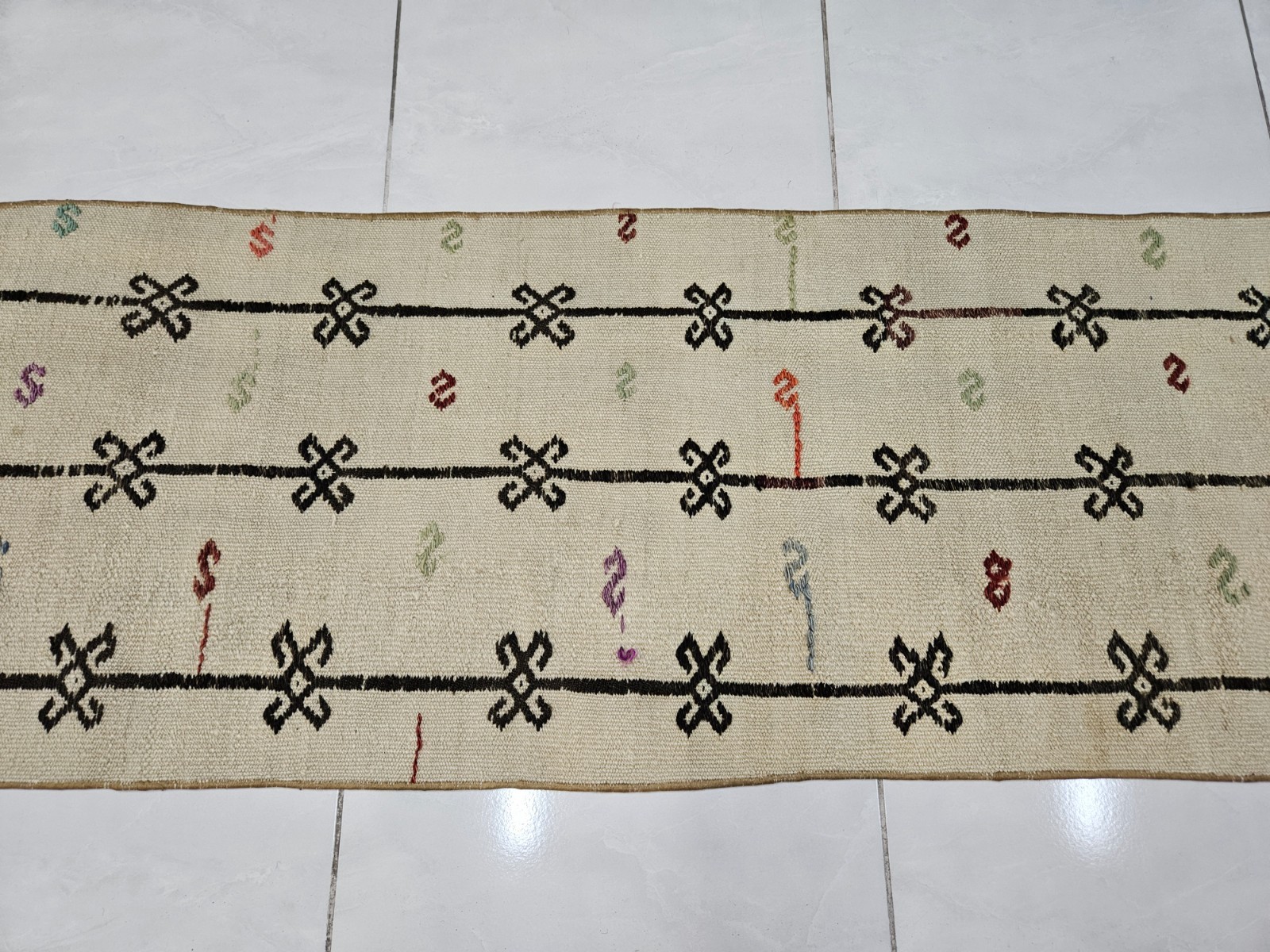 1.9 x 8.5 ft Minimalist Turkish Kilim Runner, Handwoven Cream Wool Tribal Carpet