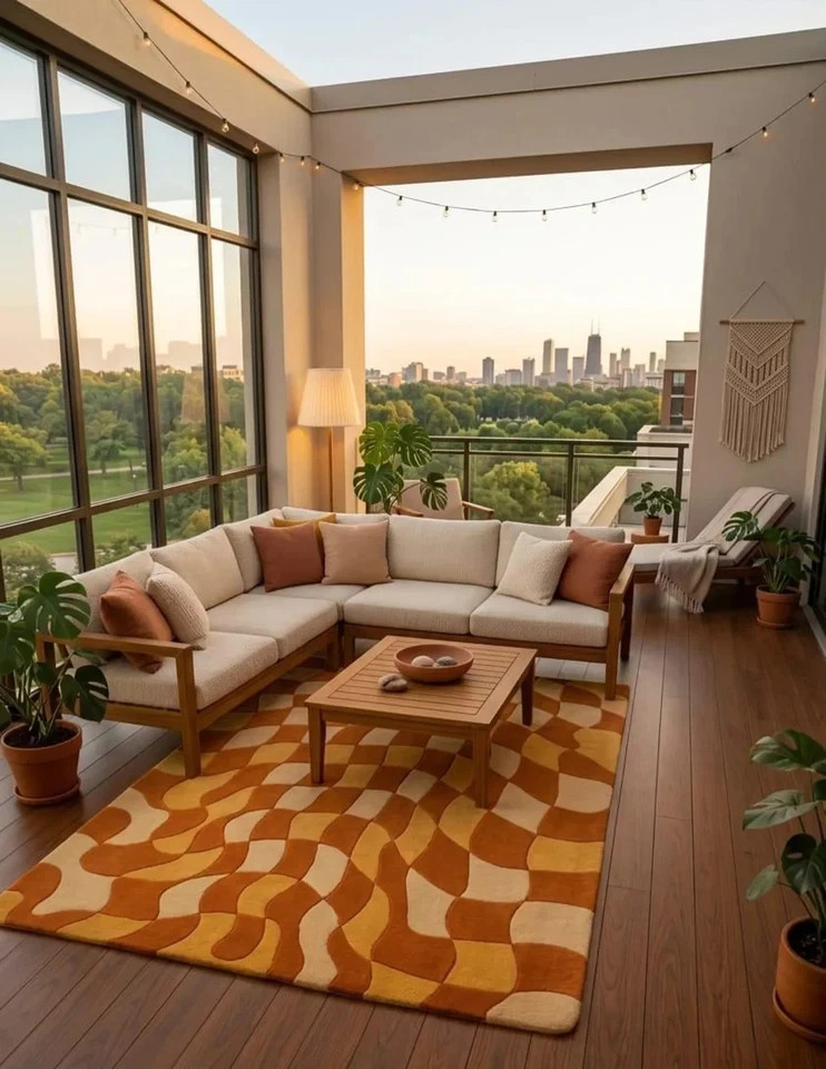 Hand Tufted Wool Rug, Retro Wavy Abstract Carpet, Mid Century Modern Living Room