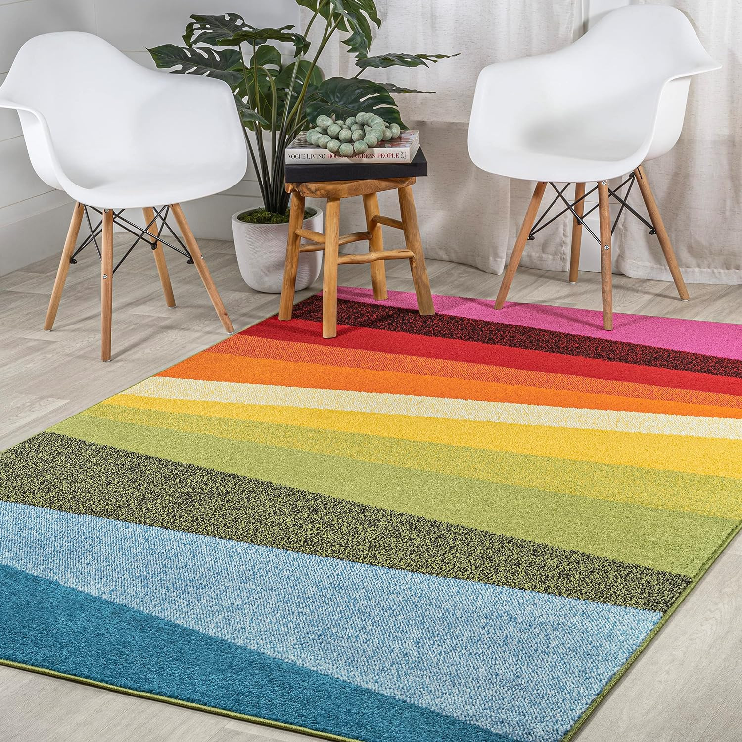 Prism Geometric Striped Indoor Area Rug 4X6, Orange/Green/Blue, Modern, Coastal,