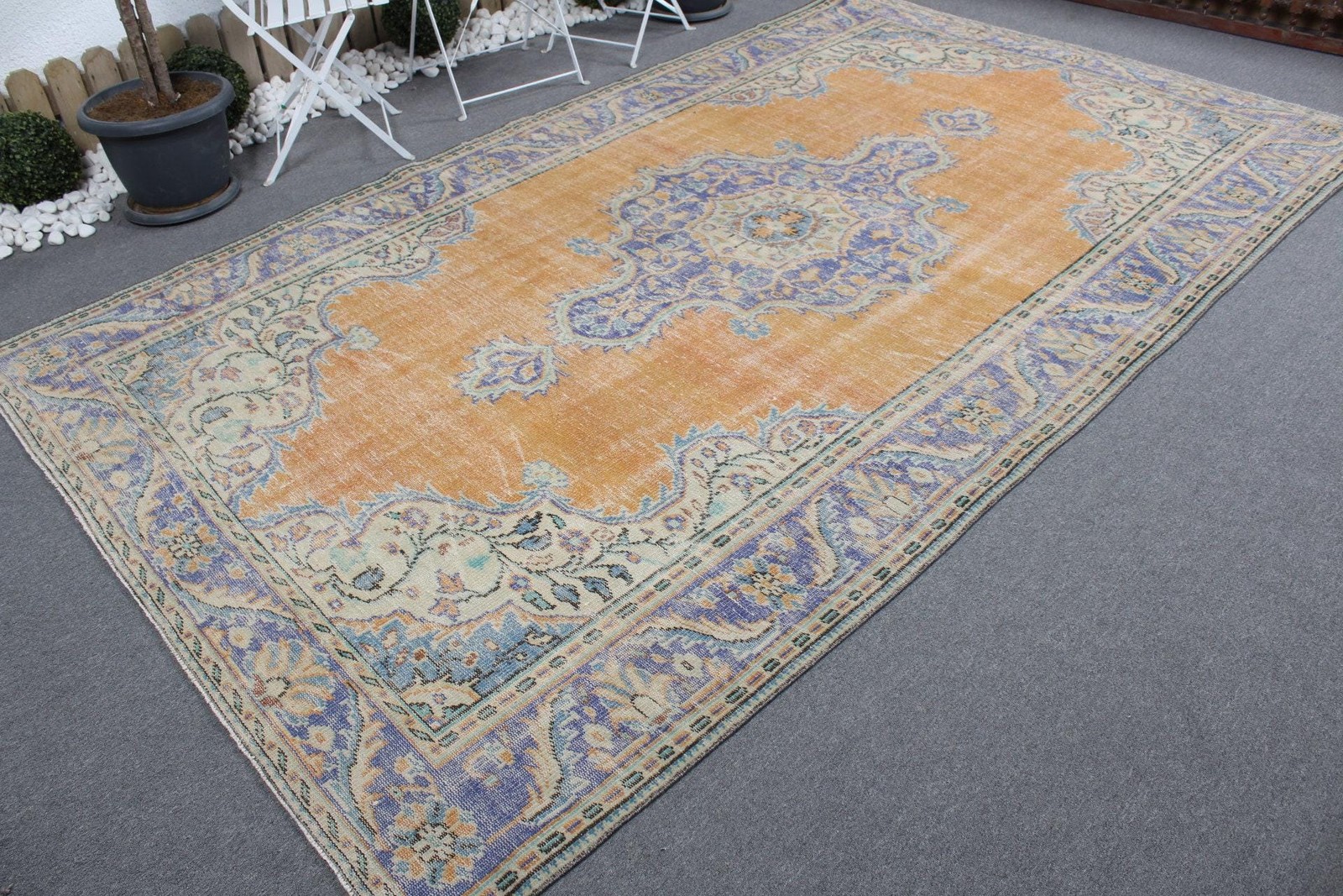 Vintage Rug 6,4×11,2 ft, Yellow Blue Ombré Wool Turkish Rug