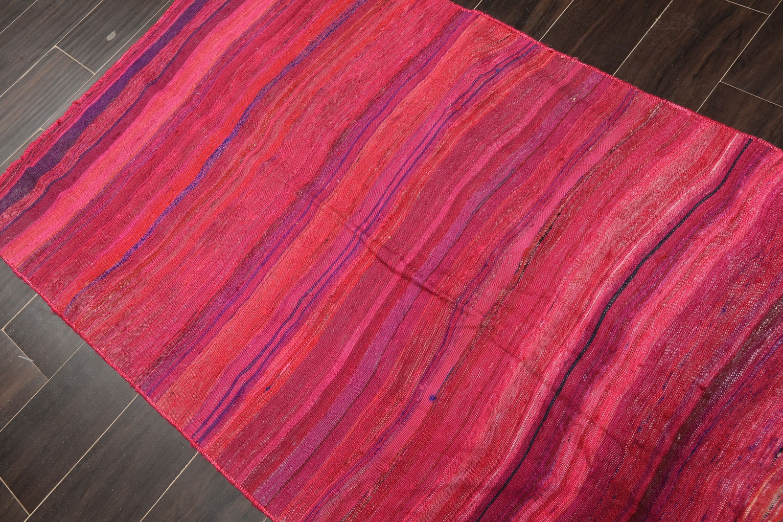 2’10”x4’9” Vintage Hand Woven 100% Silk Magenta, Purple Flatweave Kilim Rug