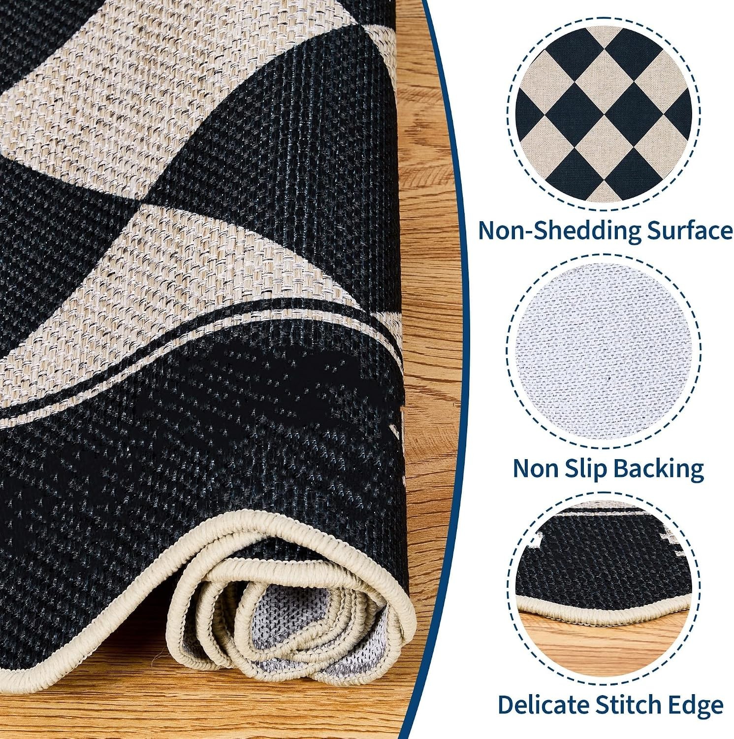 Scalloped Checkerboard Black White 5×7 Jute Washable Area Rug Living Room Patio