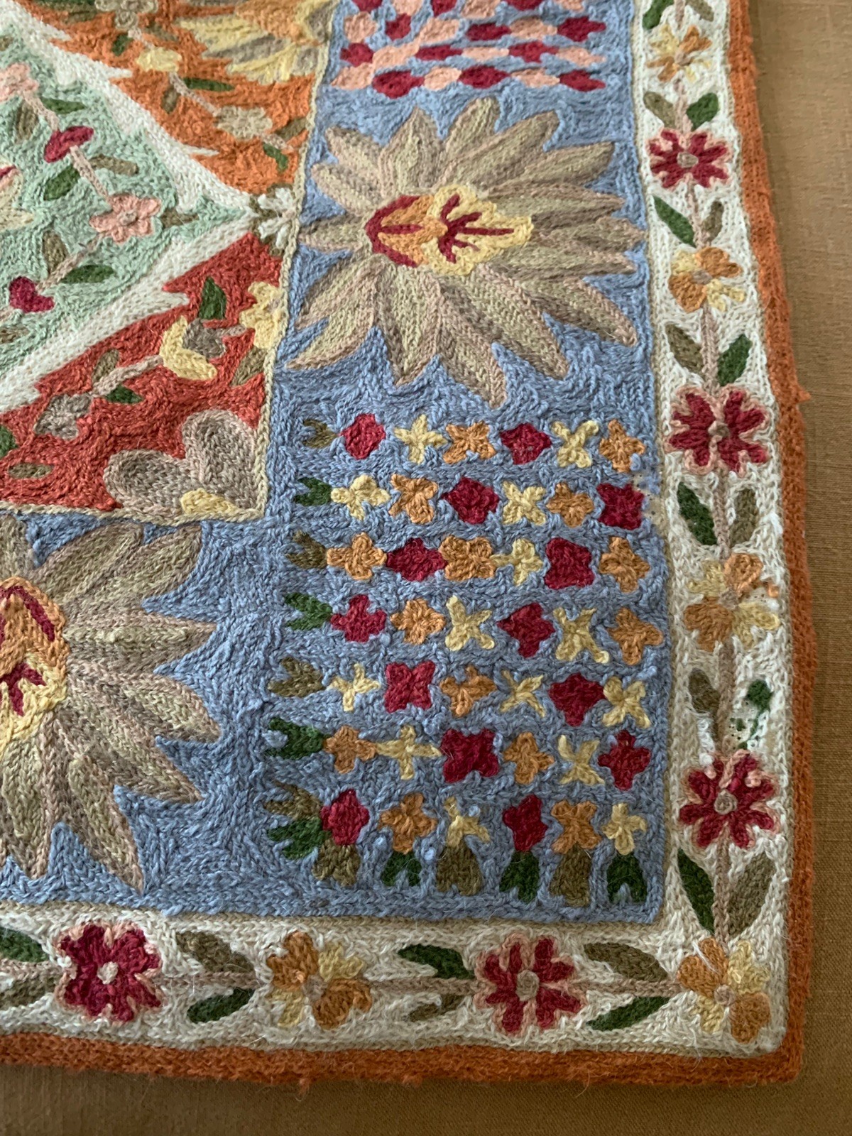 Chain Stitch Rug Flower Embroidered Wool Face 36” X 60“ India Hand stitched