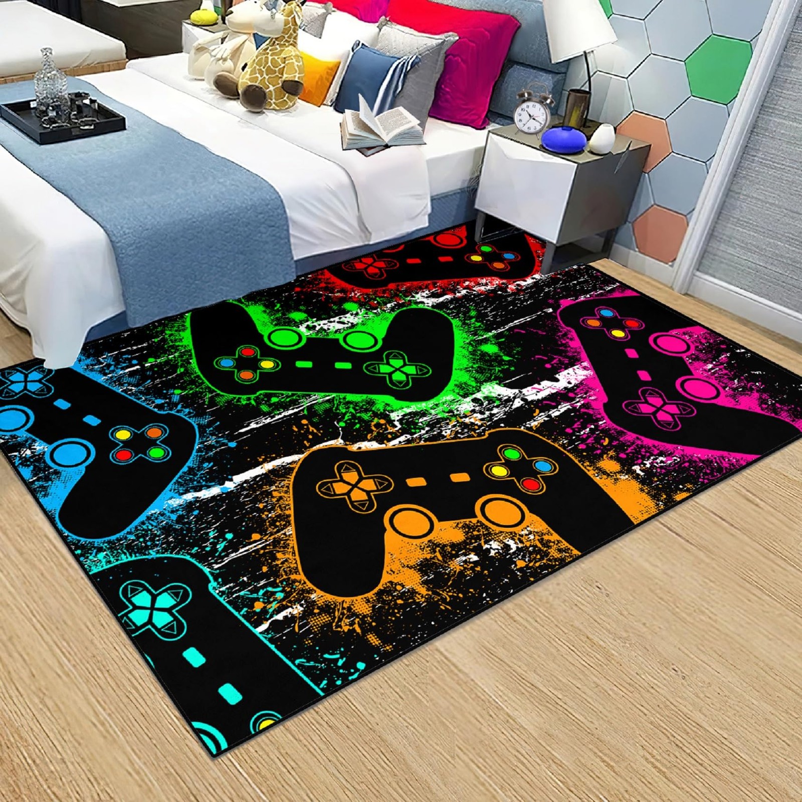Green Gamepad Gaming Area Rug Stars Planet Gamer Carpet Bedroom 2×3 Ft
