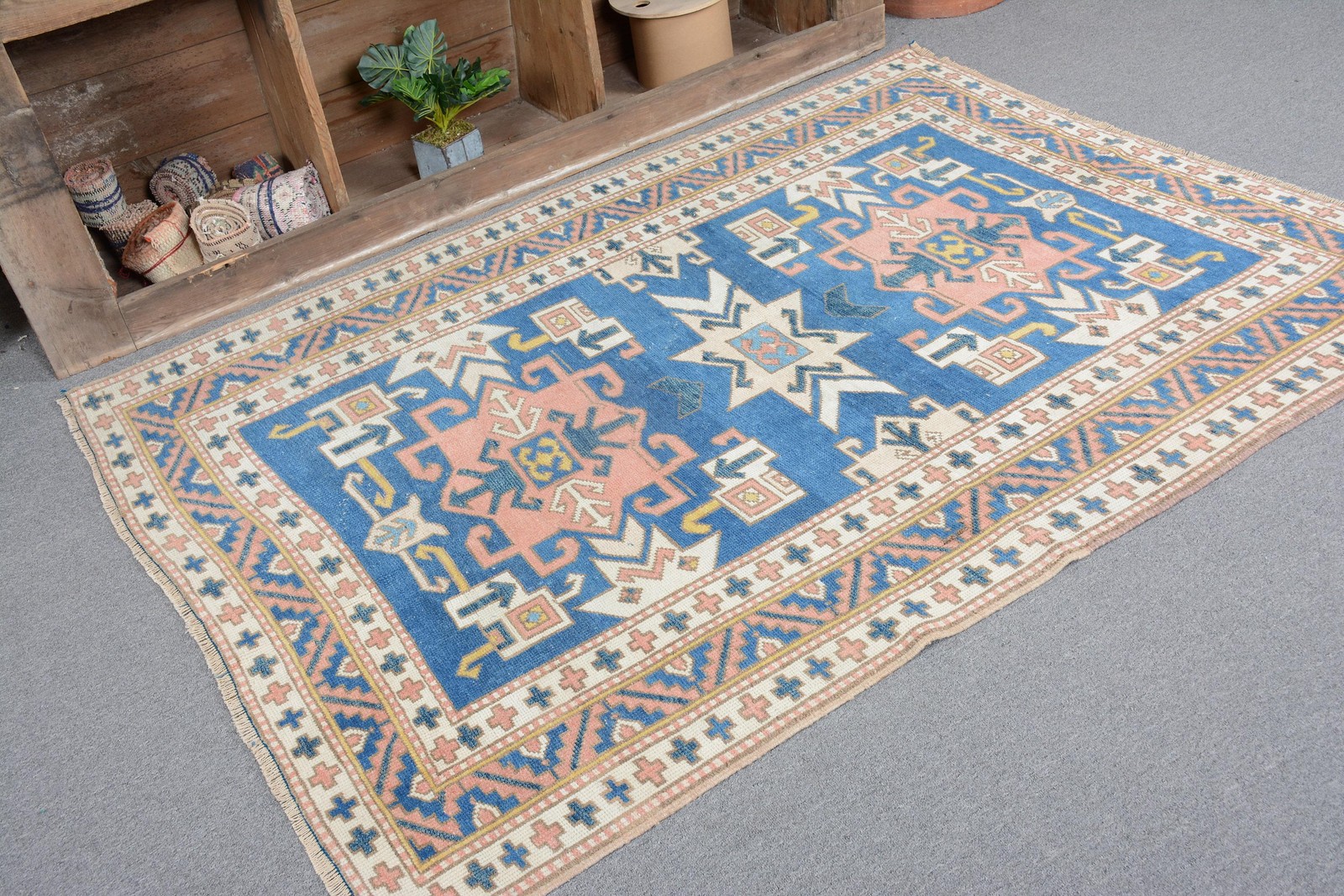 Turkish Vintage Rug 4,6×6,2 ft (140×190 cm), Blue Plants & trees Rug
