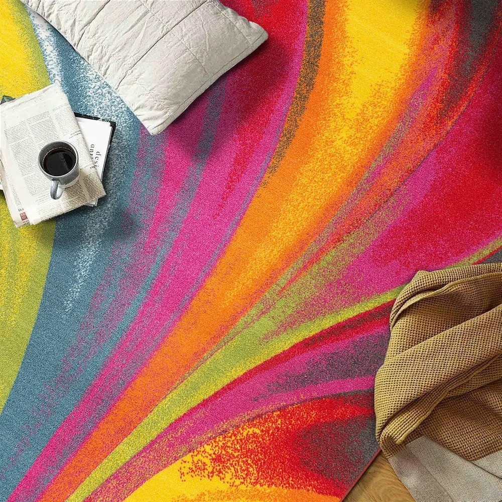 Bold Vibrant Abstract Area Rug Modern Colorful Swirl Home Decor Carpet Rainbow