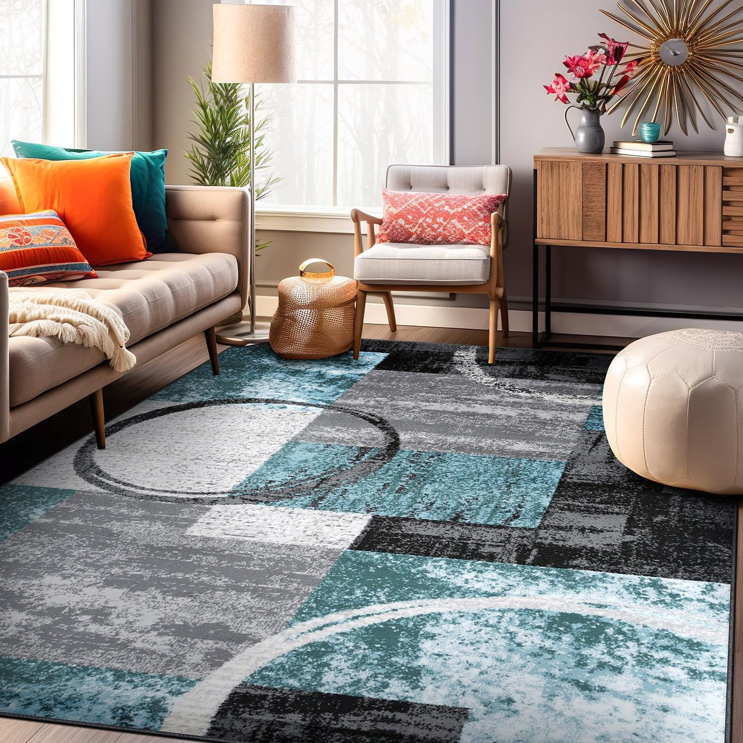 Contemporary Circle Design Area Rug, Durable Fade-Resistant Carpet