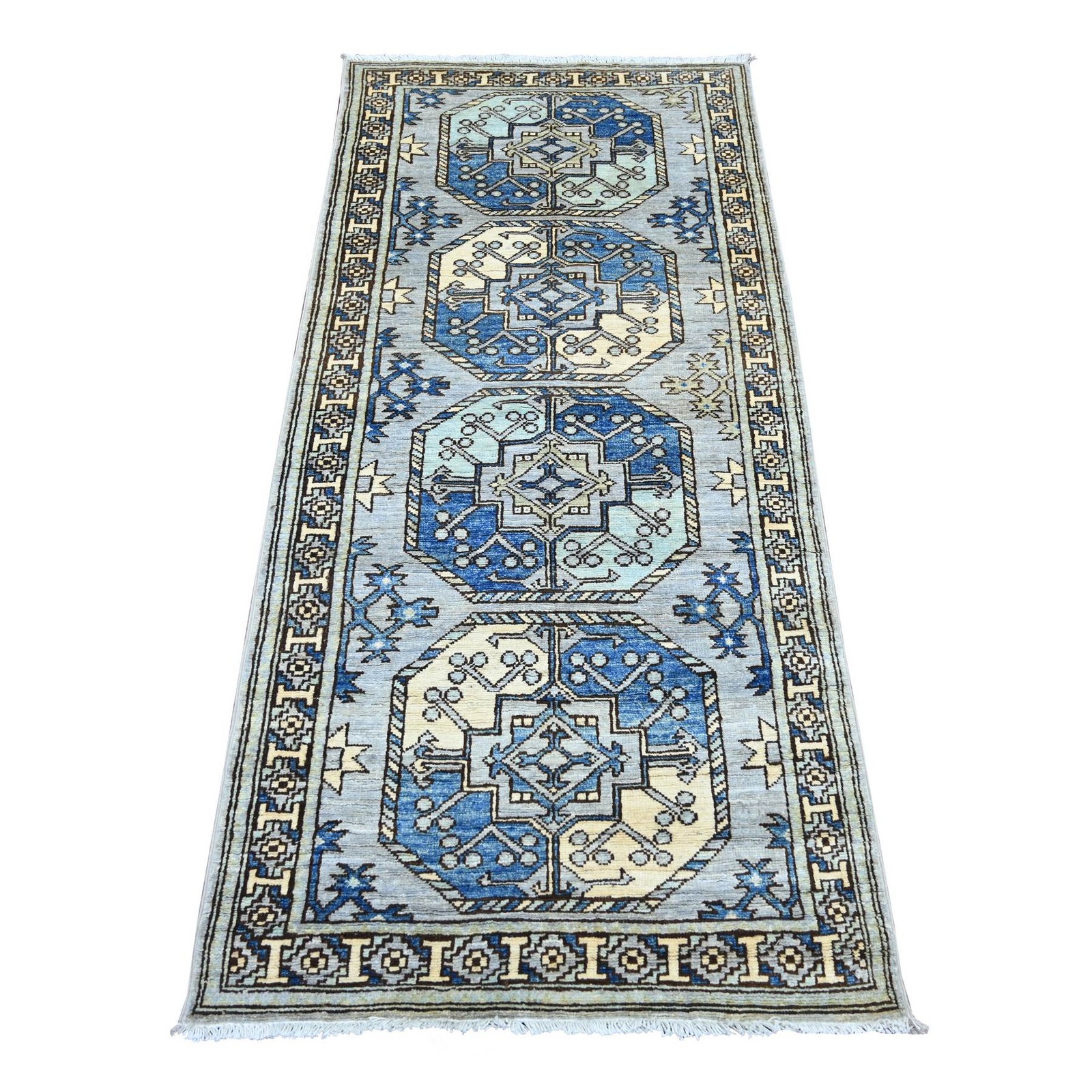2’9″x6′ Gray Hand Knotted Afghan Ersari Elephant Feet Design Wool Runner Rug