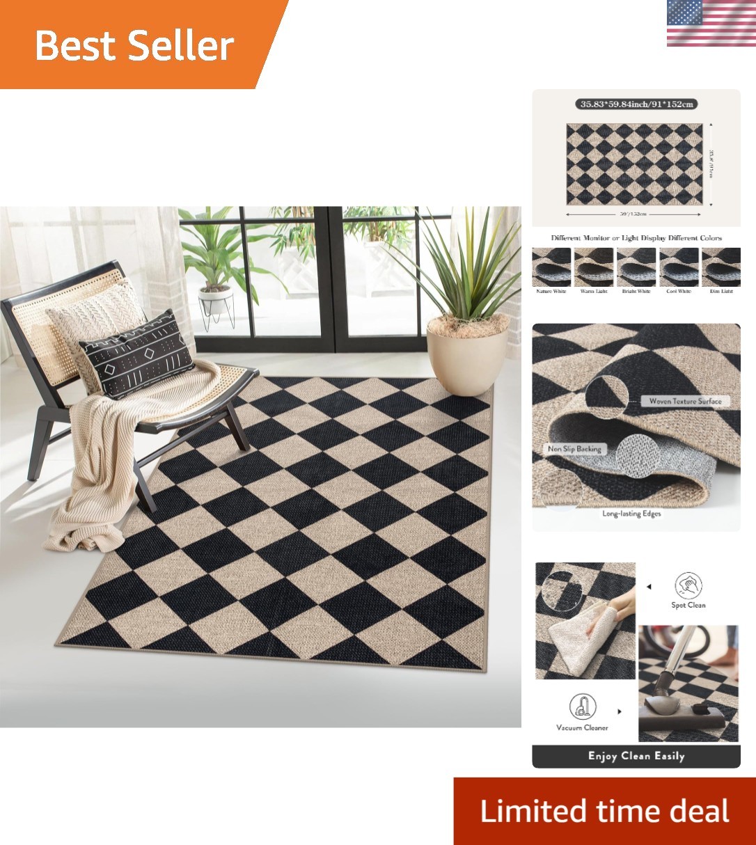 Durable Indoor/Outdoor Checkered Rug – 3′ x 5′ Machine Washable and Non-Shedding