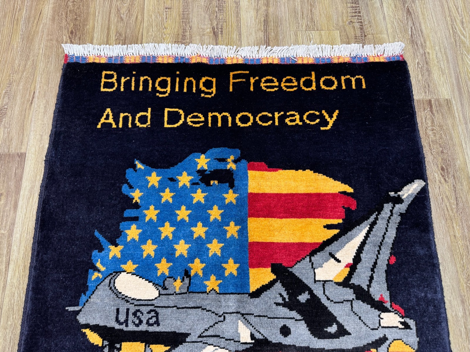 2×4 Afghan Pictorial Rug Hand Knotted Wool USA Fighter Jet Aviation Carpet