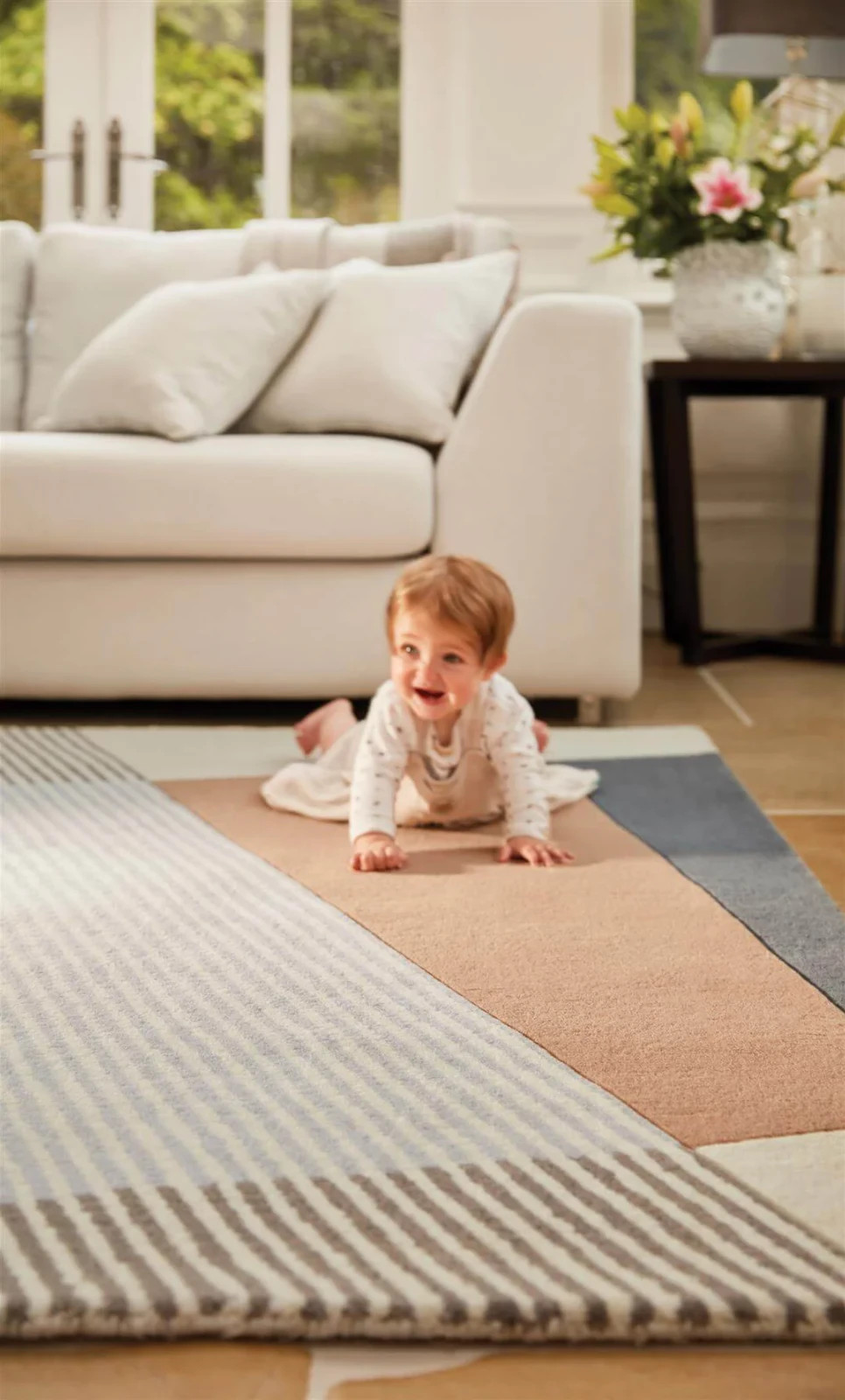 Minimalist Blush & Charcoal Geometric Rug | Striped and Solid Panel Area Carpet