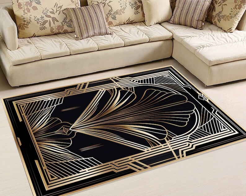 Luxury Art Deco Style Rug, Black And Gold Elegant Carpet, Modern Glam Living Roo