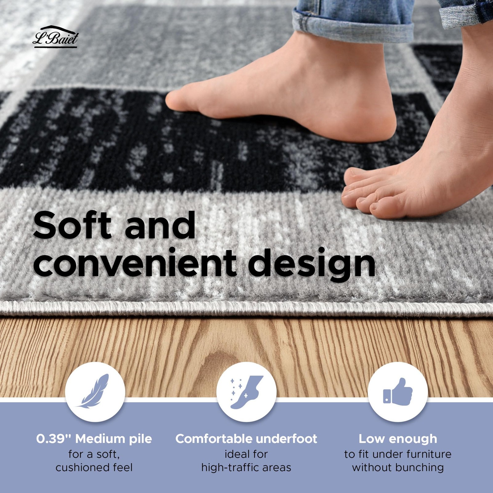 L’Baiet Verena Geometric Area Rug Black Grey 5′ x 7′ Medium Area Rugs Carpet