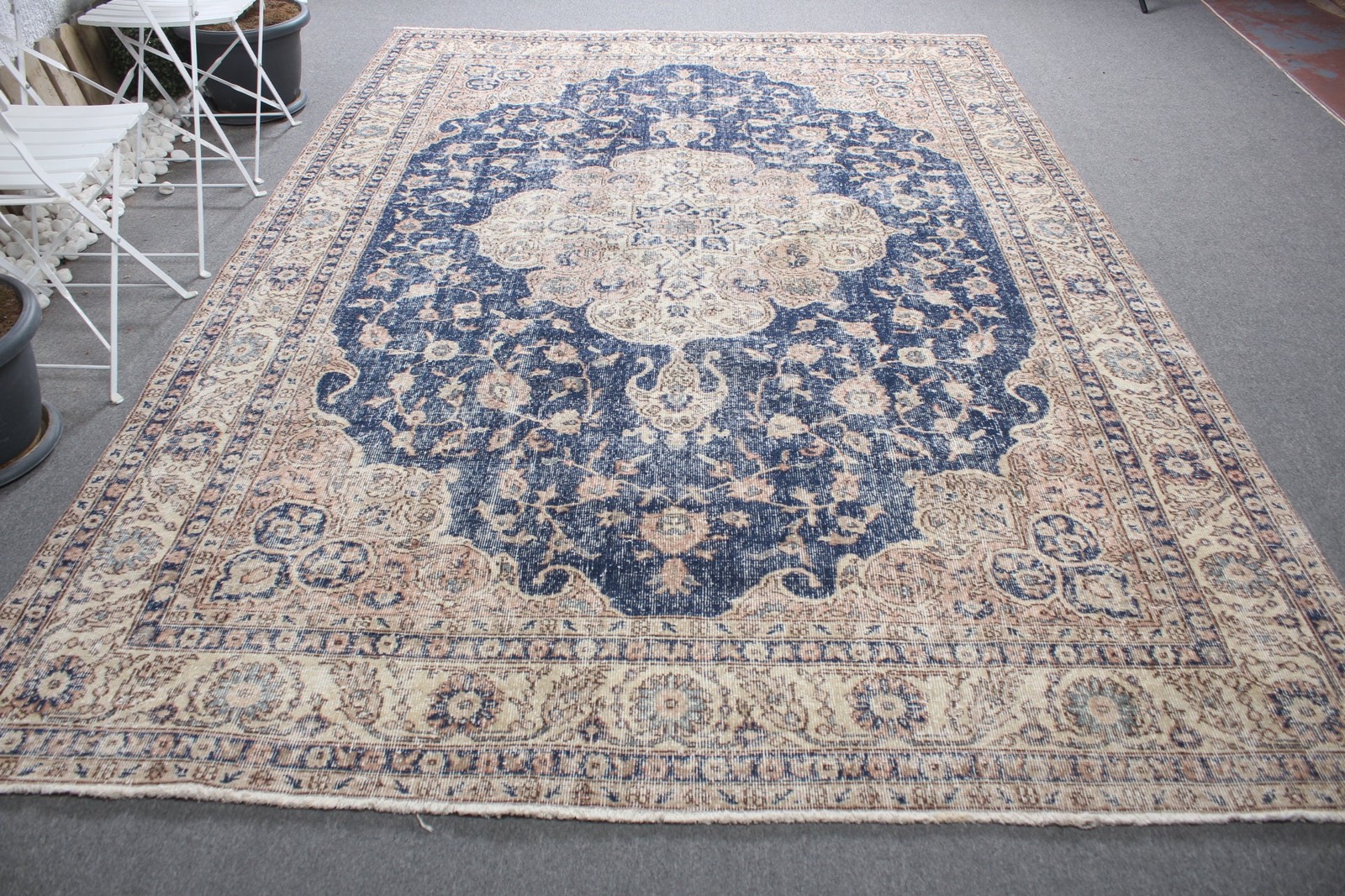 Turkish Vintage Rug 7,4×10,6 ft, Blue Oversize Oriental Wool Rug