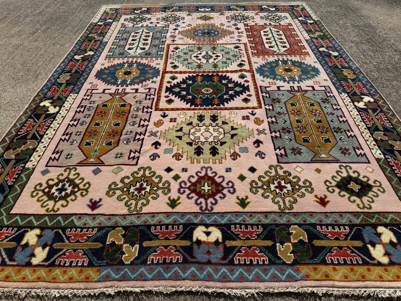 9×12 NEW WOOL RUG HANDMADE PINK ORIENTAL handwoven blue green colorful tribal ft