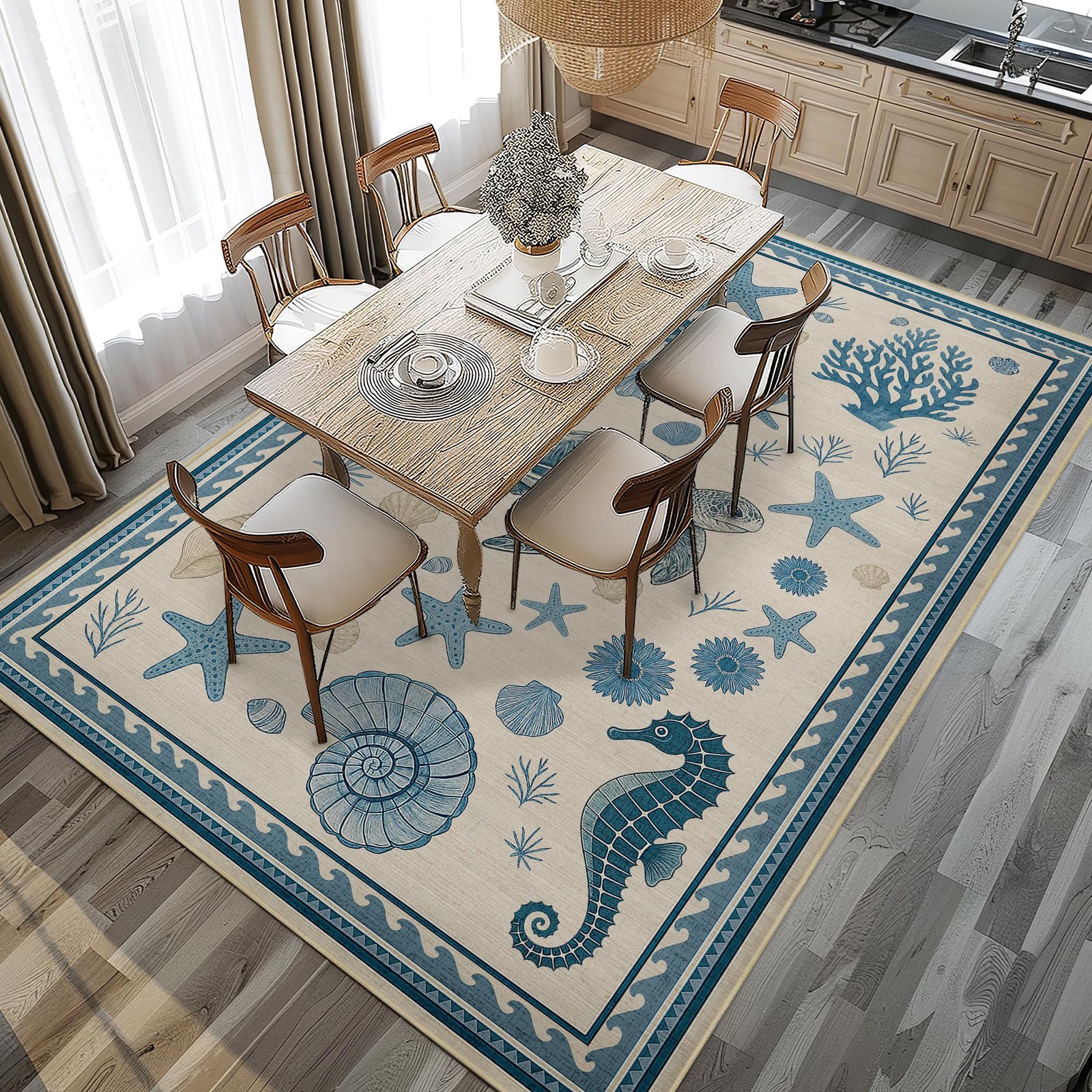 9×12 Area Rug for Living Room Coastal Nautical Rug Machine Washable Sea Turtl…